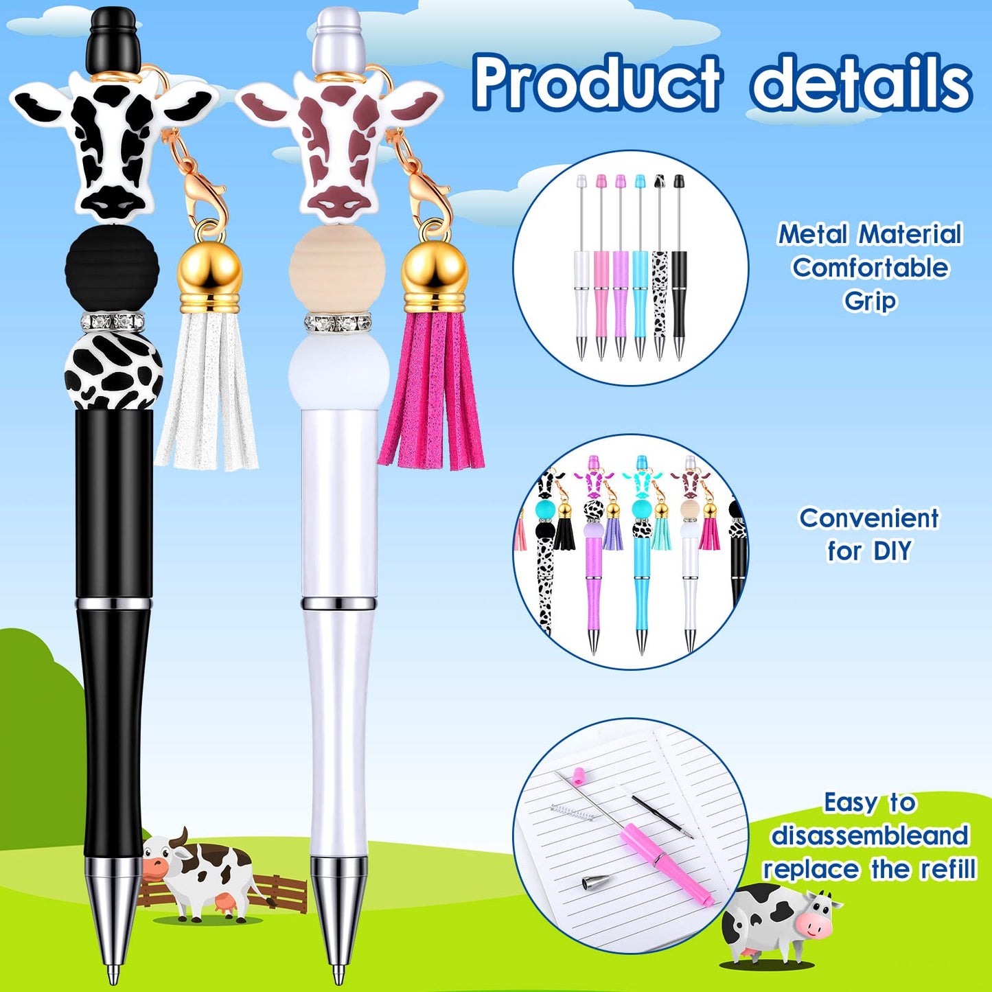 Tinlade 12 Beadable Pens Bulk with 50 Beads Multicolor DIY, Cow Style