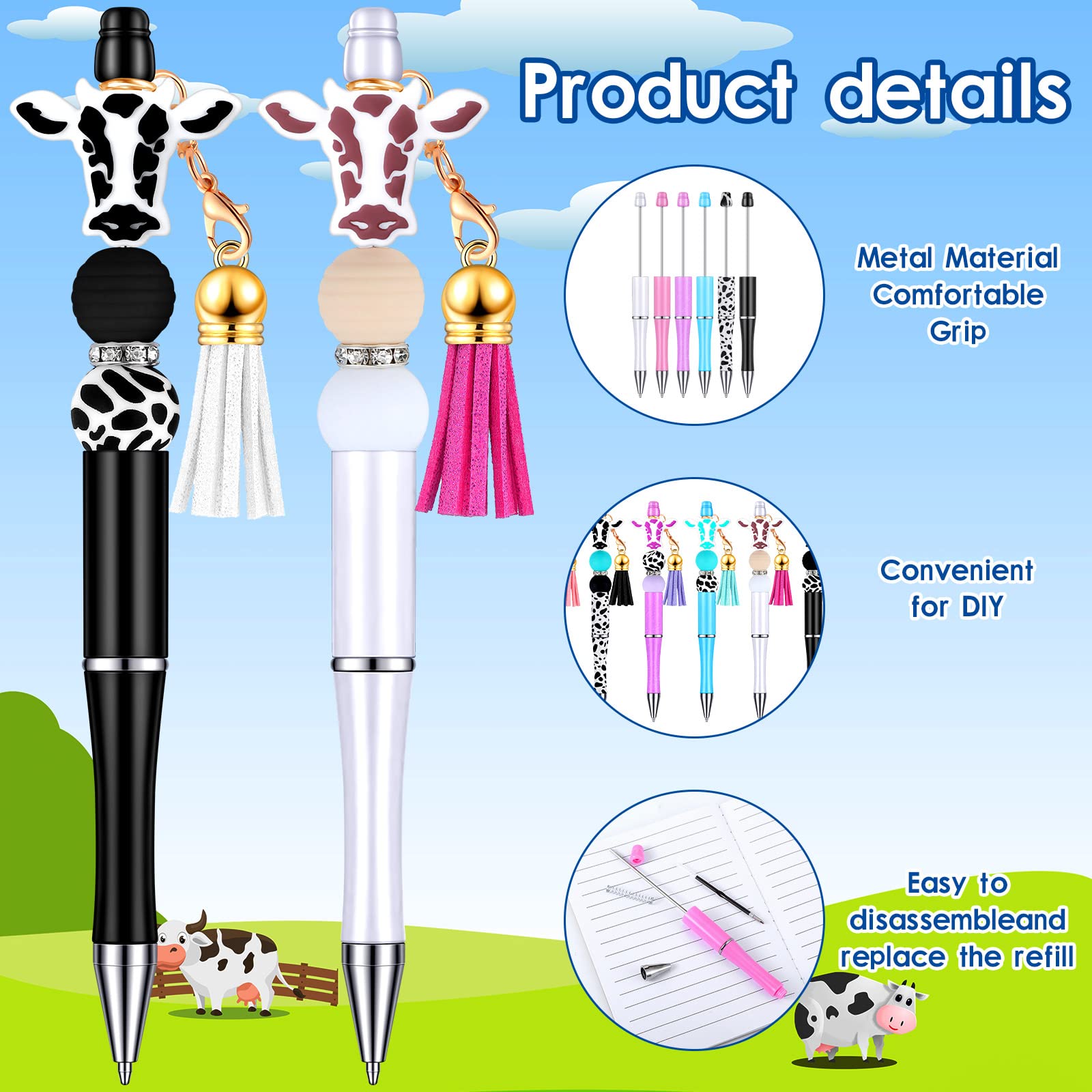 Tinlade 12 Beadable Pens Bulk with 50 Beads Multicolor DIY, Cow Style