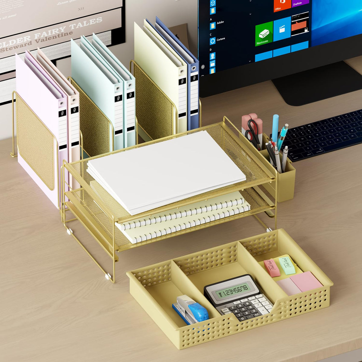 LEKETREE Gold Desk Organizer, Office Organization with Vertical File Holder, File Organizer with