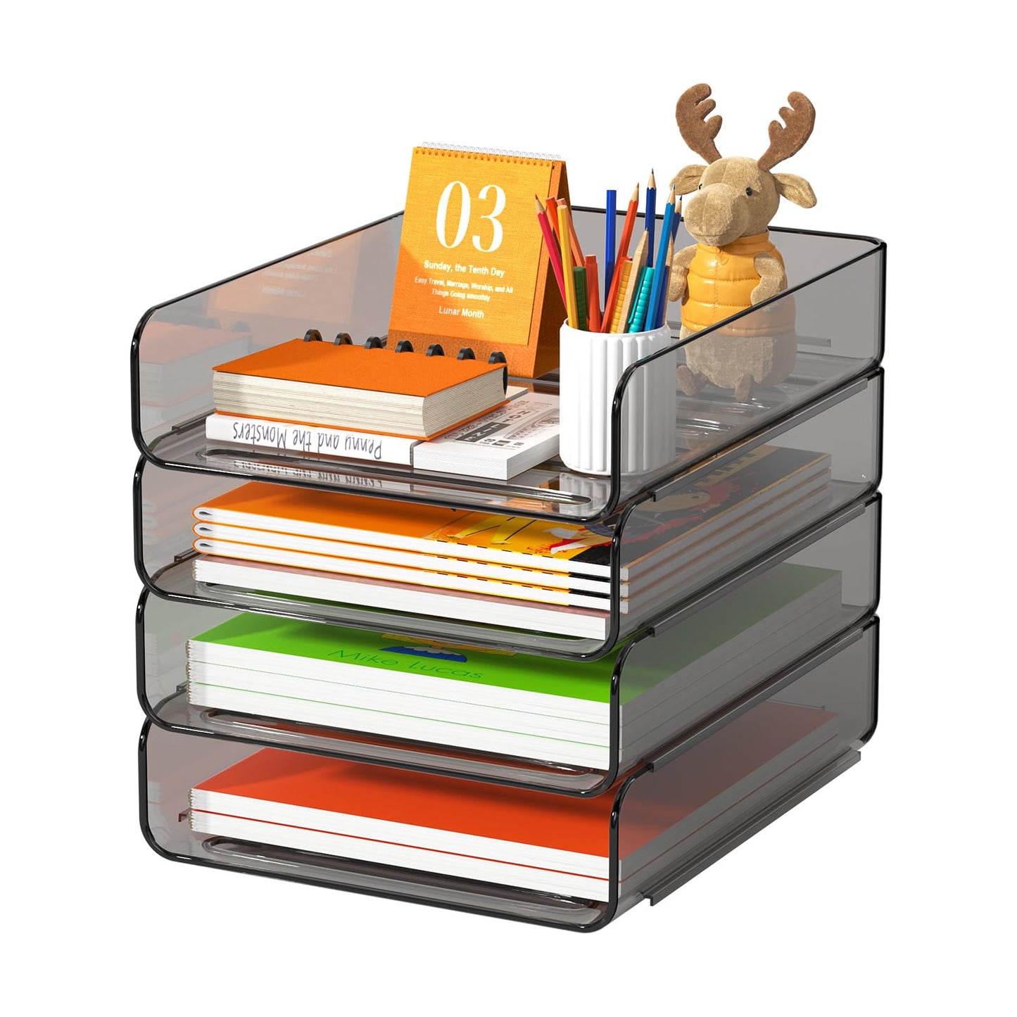 FANXIYQ 4-Tier Acrylic Paper Tray Organizer, Brown Office Paper Organizer