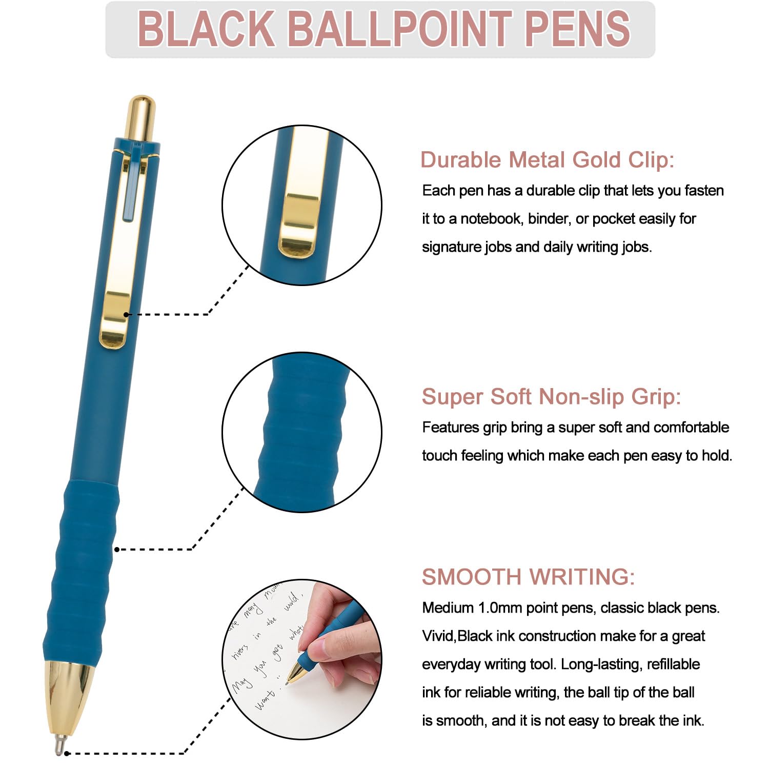 Linbsunne Ballpoint Pens Black Medium Point 1mm Pen with Super Soft Grip Ball Point Pen for Men