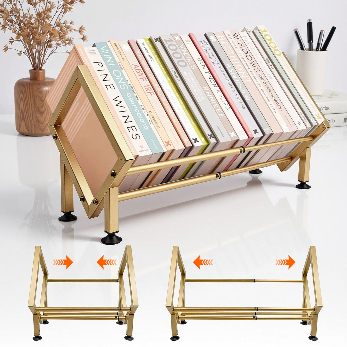 Expandable Desktop Bookshelf Organizer, Small Tabletop Book Storage Rack, Portable Mini Bookcase