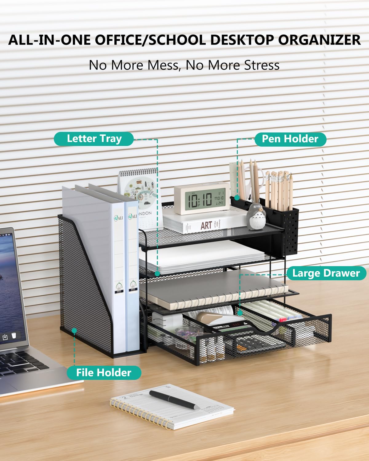 WALI Desk File Organizer, 4 Tier Desktop Paper Letter Tray Organizer with Drawer and 2 Pen Holders