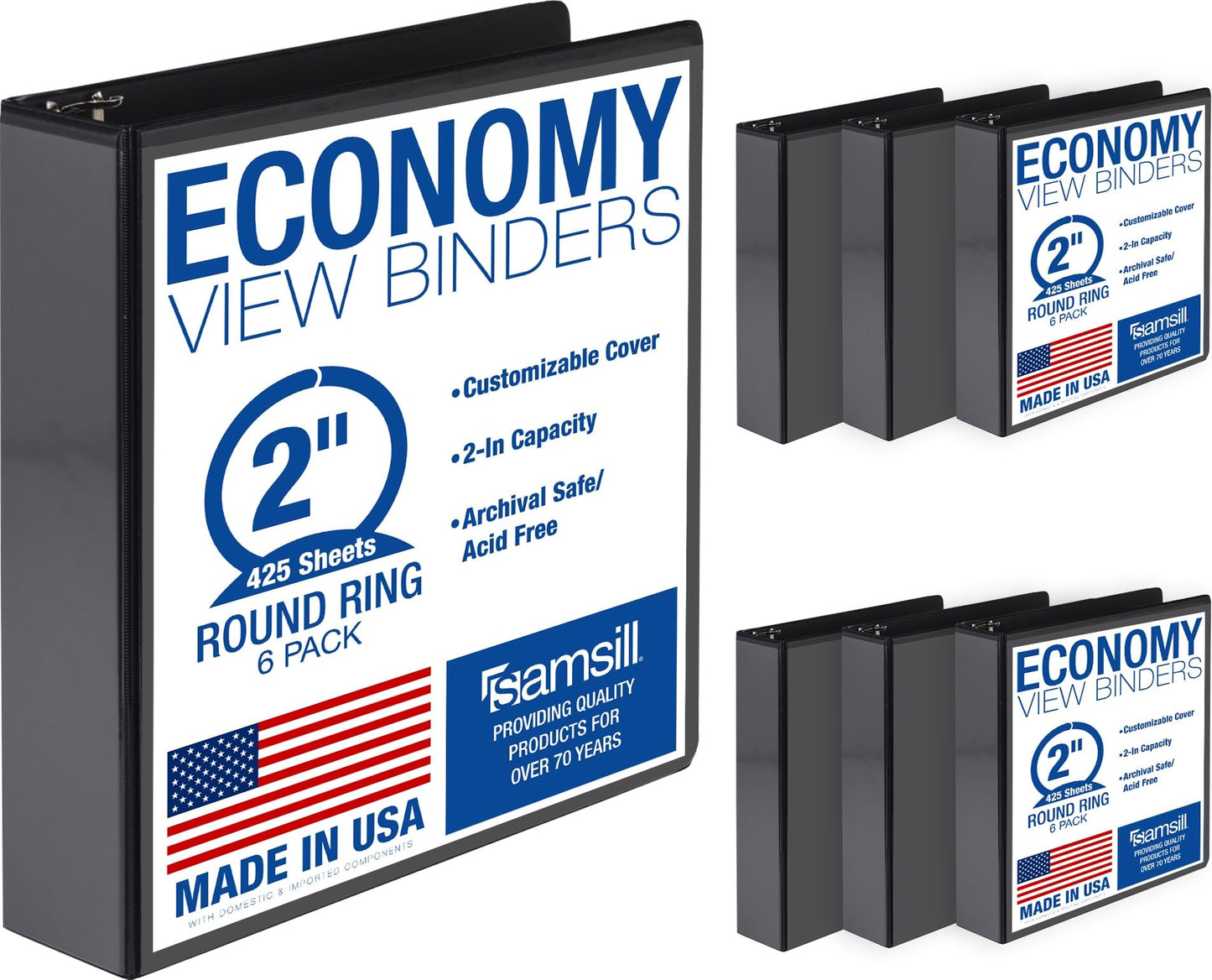 Samsill 2 Inch 3 Ring Binders, Economy Round Ring, Clear View Cover, 425 Sheet Capacity - for