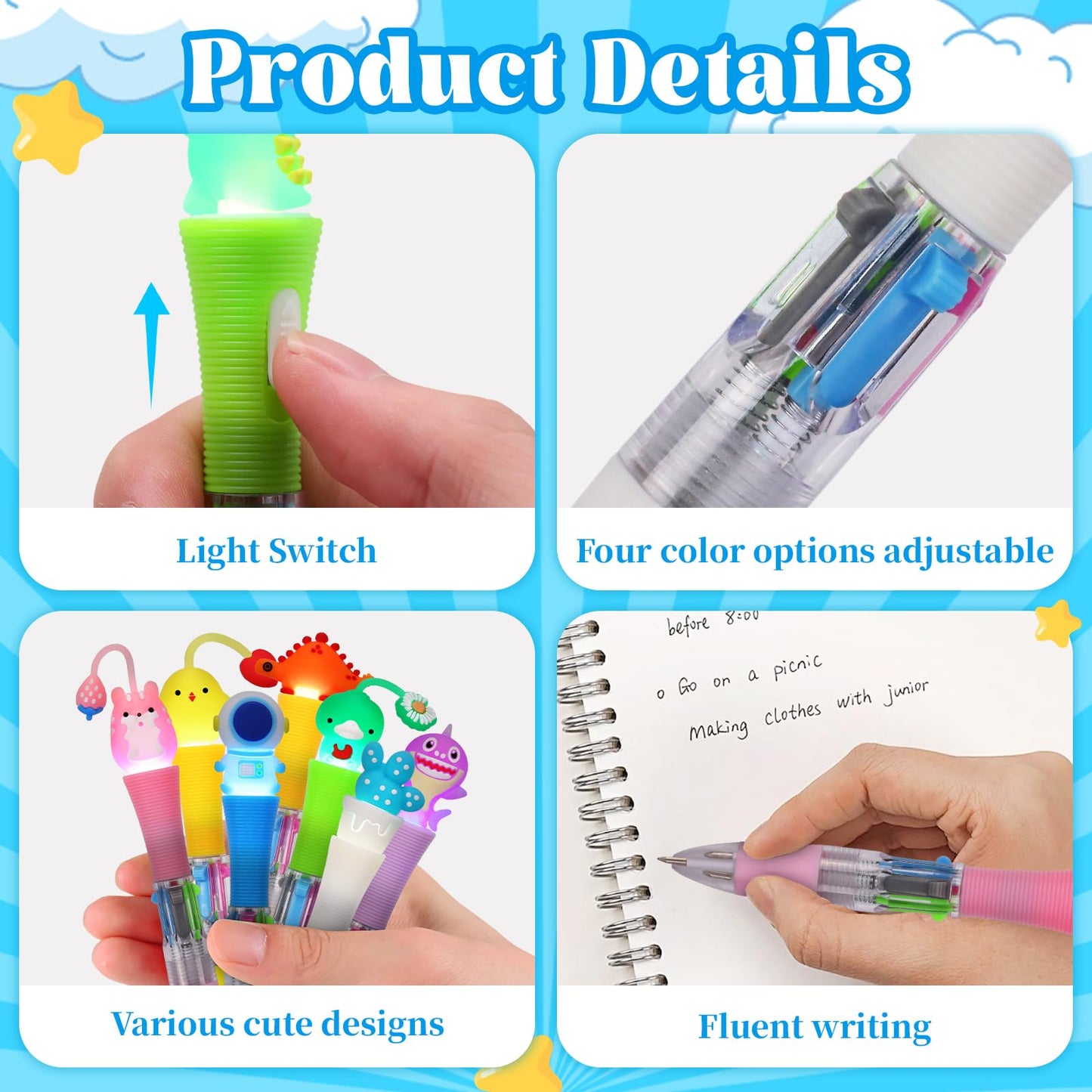 CZWZ 20Pcs Multicolor Pens in One 4-in-1 Cute Pens Bulk, Ballpoint Pen for Birthdays and Parties