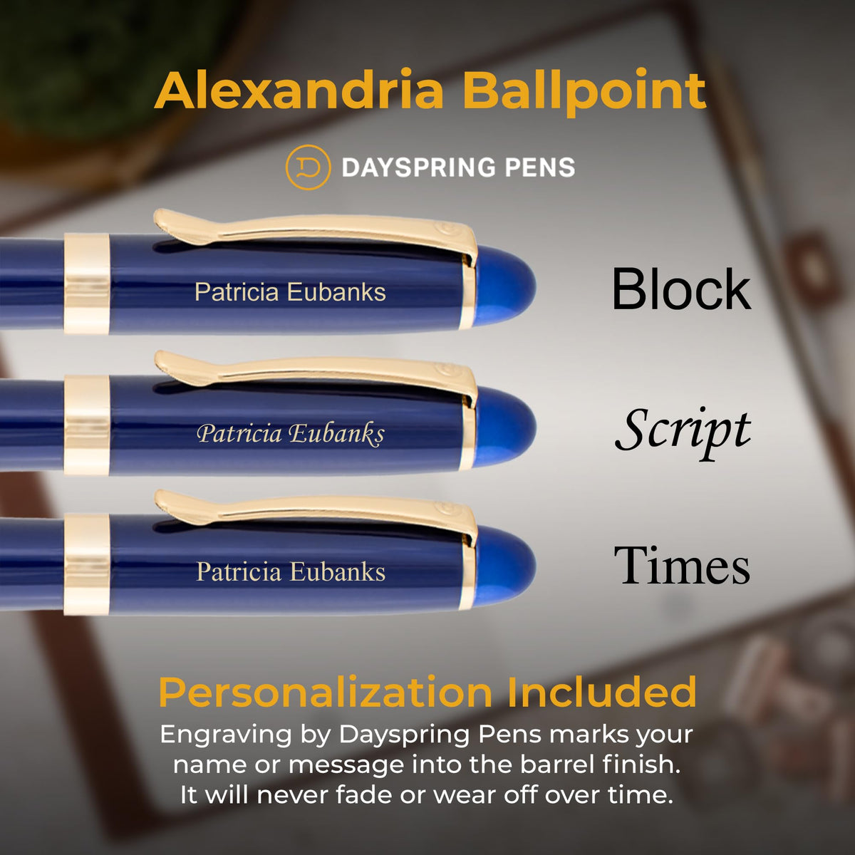 Dayspring Pens Alexandria Personalized Ballpoint Pen in Blue with Gold Trim
