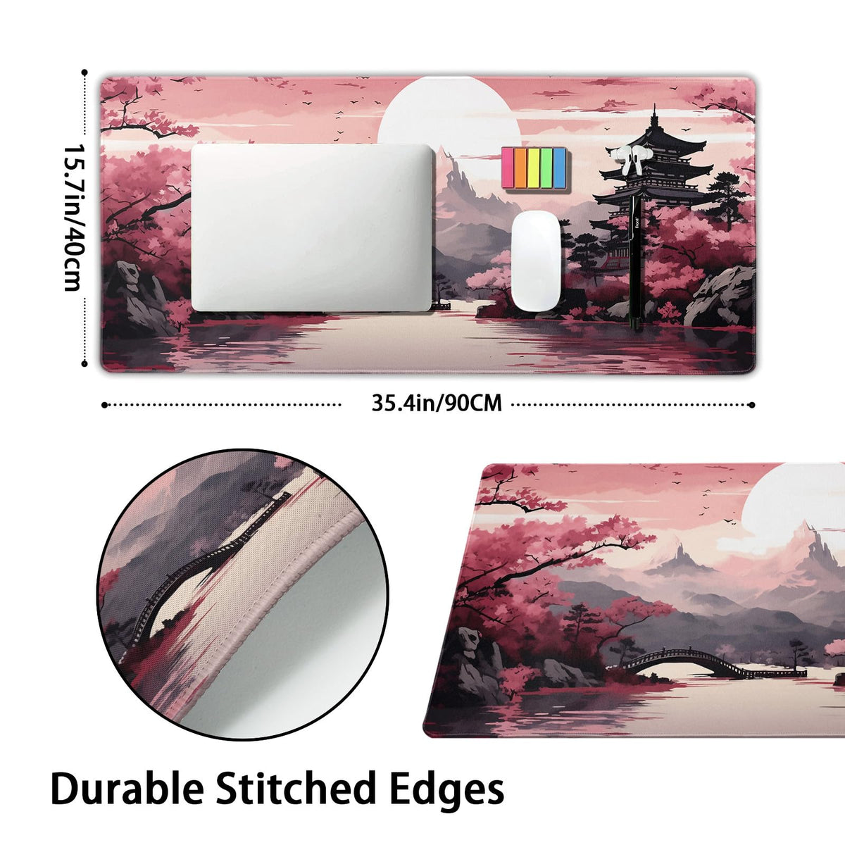 Pink Japanese Sakura Gaming Mouse Pad XXL Cherry Blossom Tower Mountain Landscape Big Extended