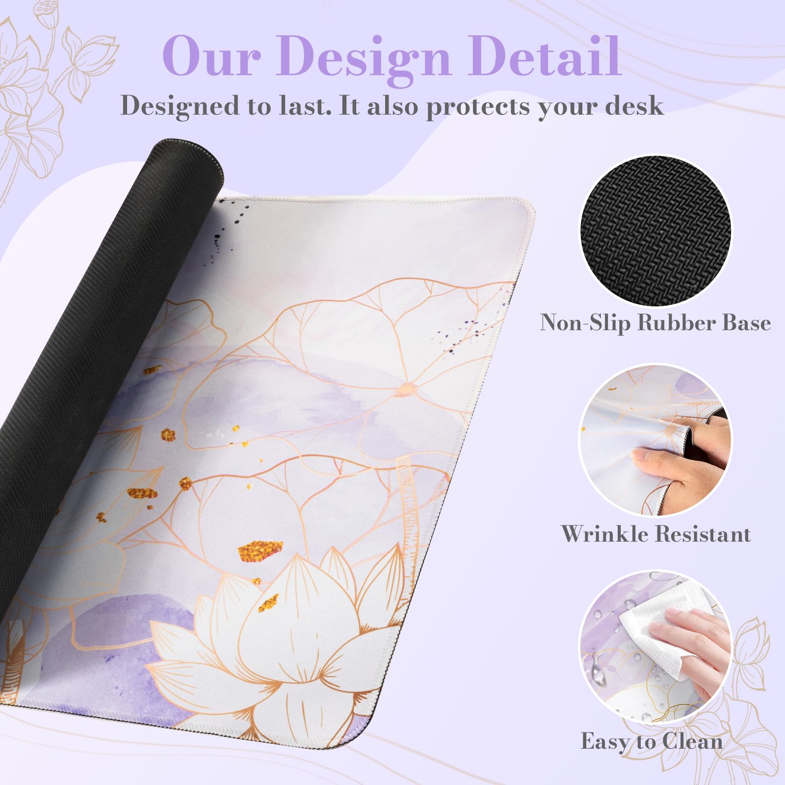 iCasso Desk Cover Mat, Extra Large Lotus Mouse Pad, Purple Lotus Leaf