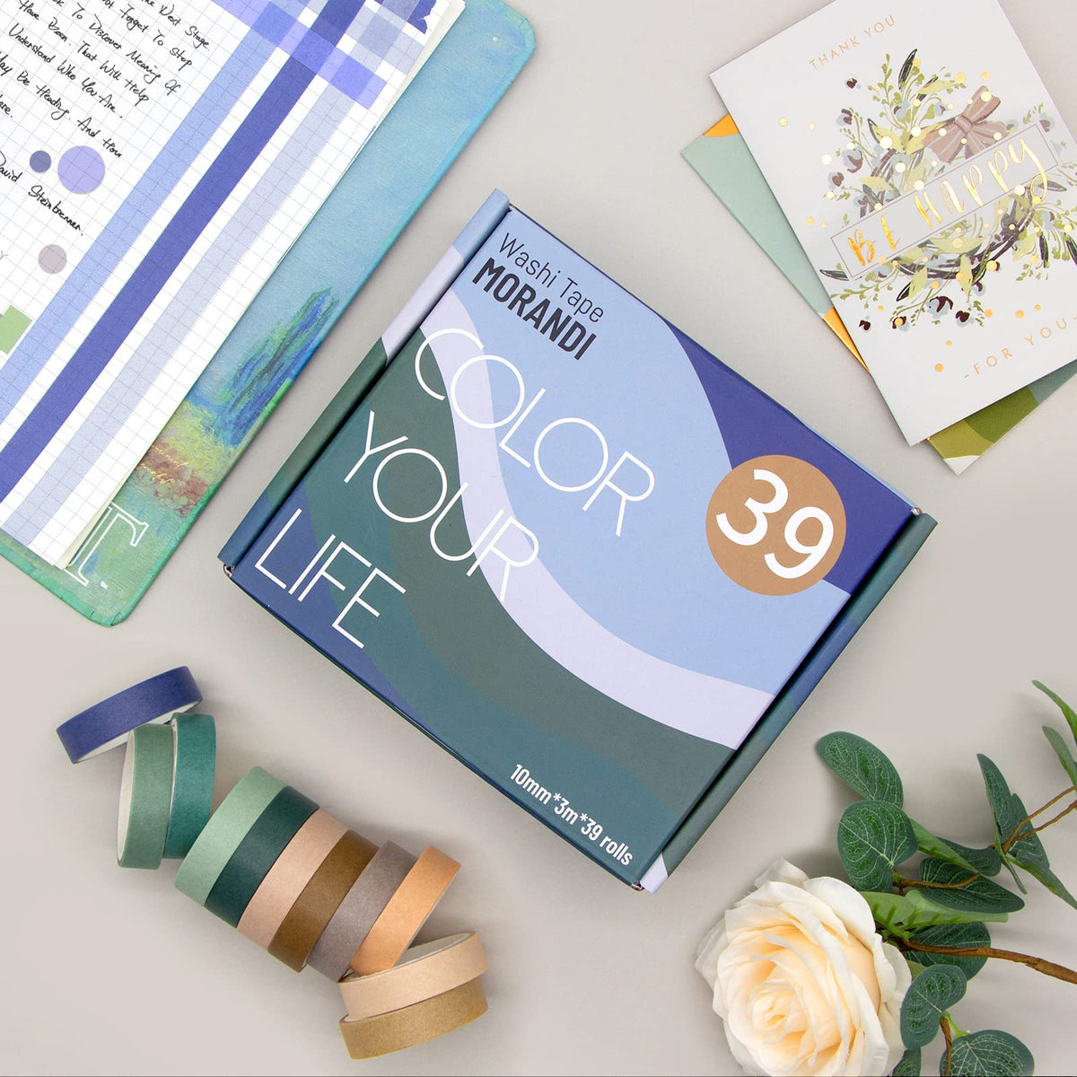 MOOKER 39 Rolls Washi Tape Set - Morandi Colored Masking Tape, Thin Vintage Tape for Journaling