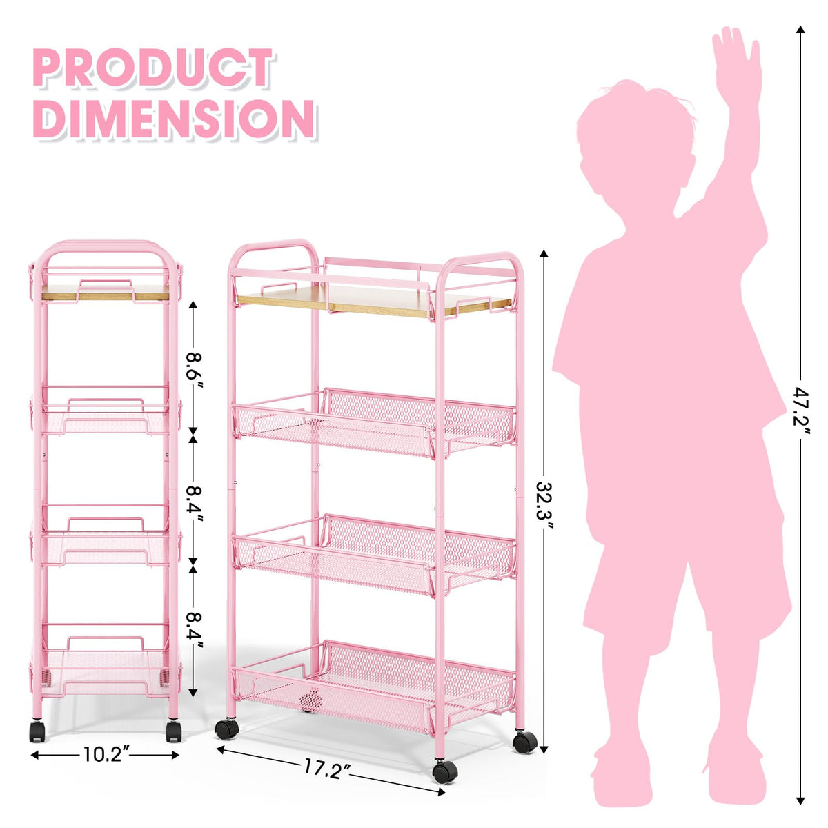 TOOLF 4-Tier Rolling Cart, Metal Utility Cart, Slide Out Storage Cart with Wooden Tabletop and Mesh