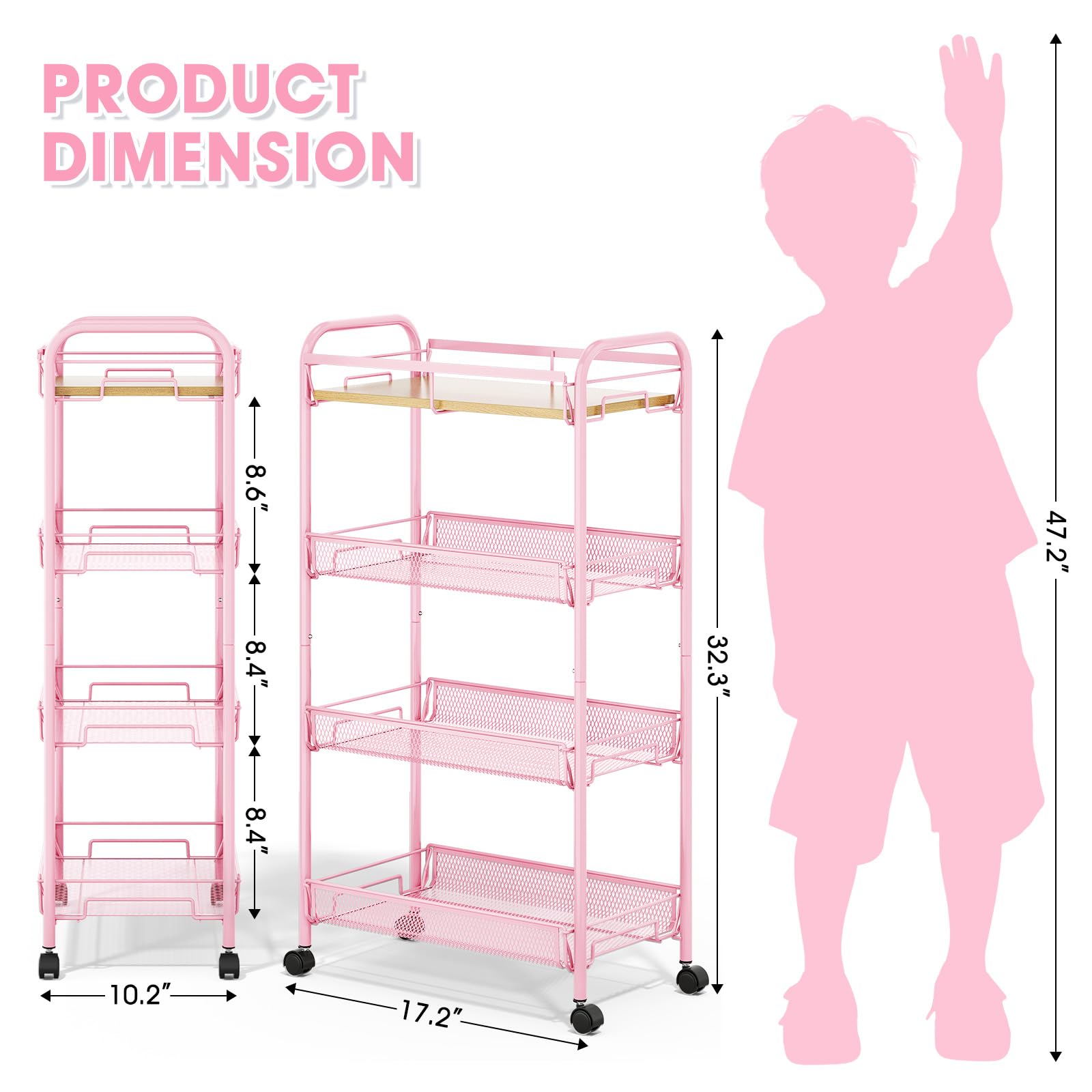 TOOLF 4-Tier Rolling Cart, Metal Utility Cart, Slide Out Storage Cart with Wooden Tabletop and Mesh