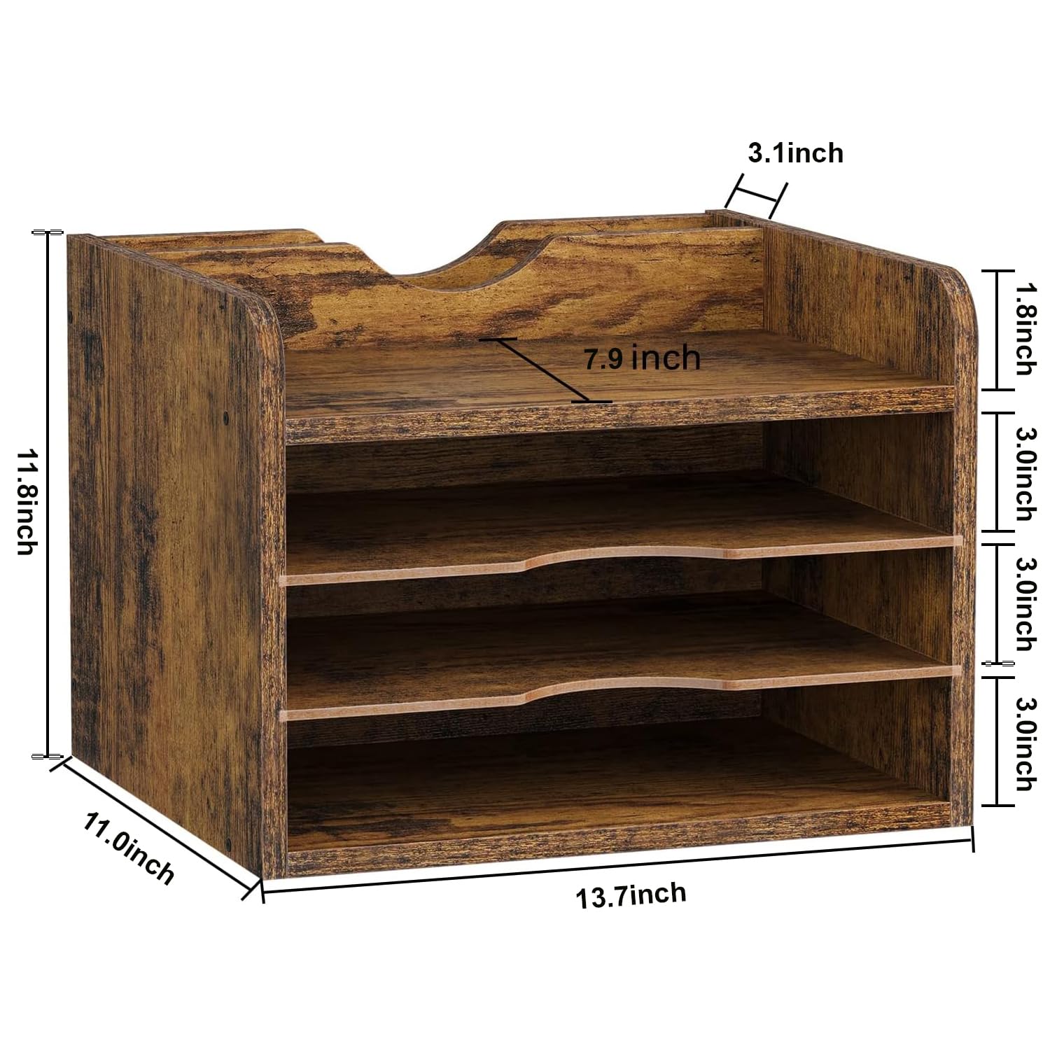 Snughome Vintage Wood File Organizer Desktop, 13.4’’ Document Letter Mail Tray Sorter with 3
