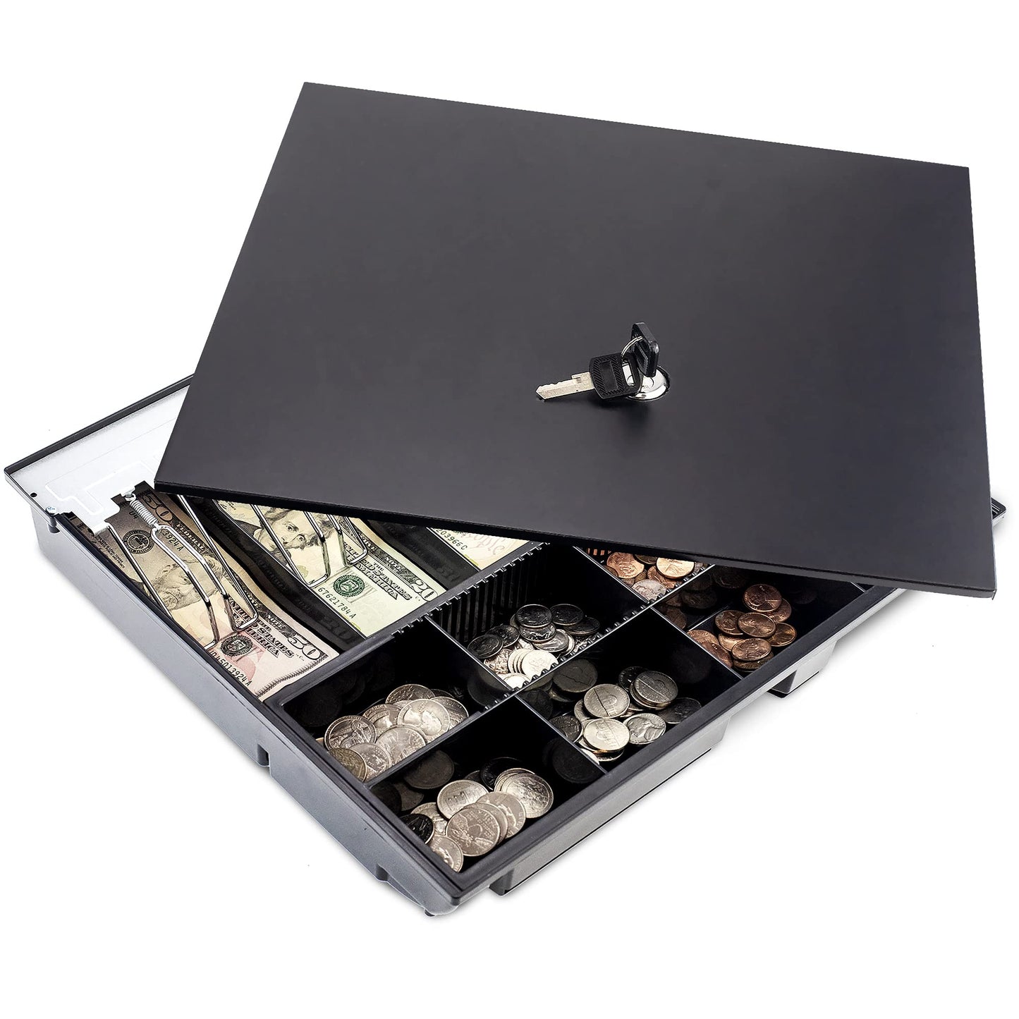 Volcora Cash Drawer Tray with Locking Cover - 14.1 x 13 x 2.5 Inch Metal Cash Lock Box with Lid - 5