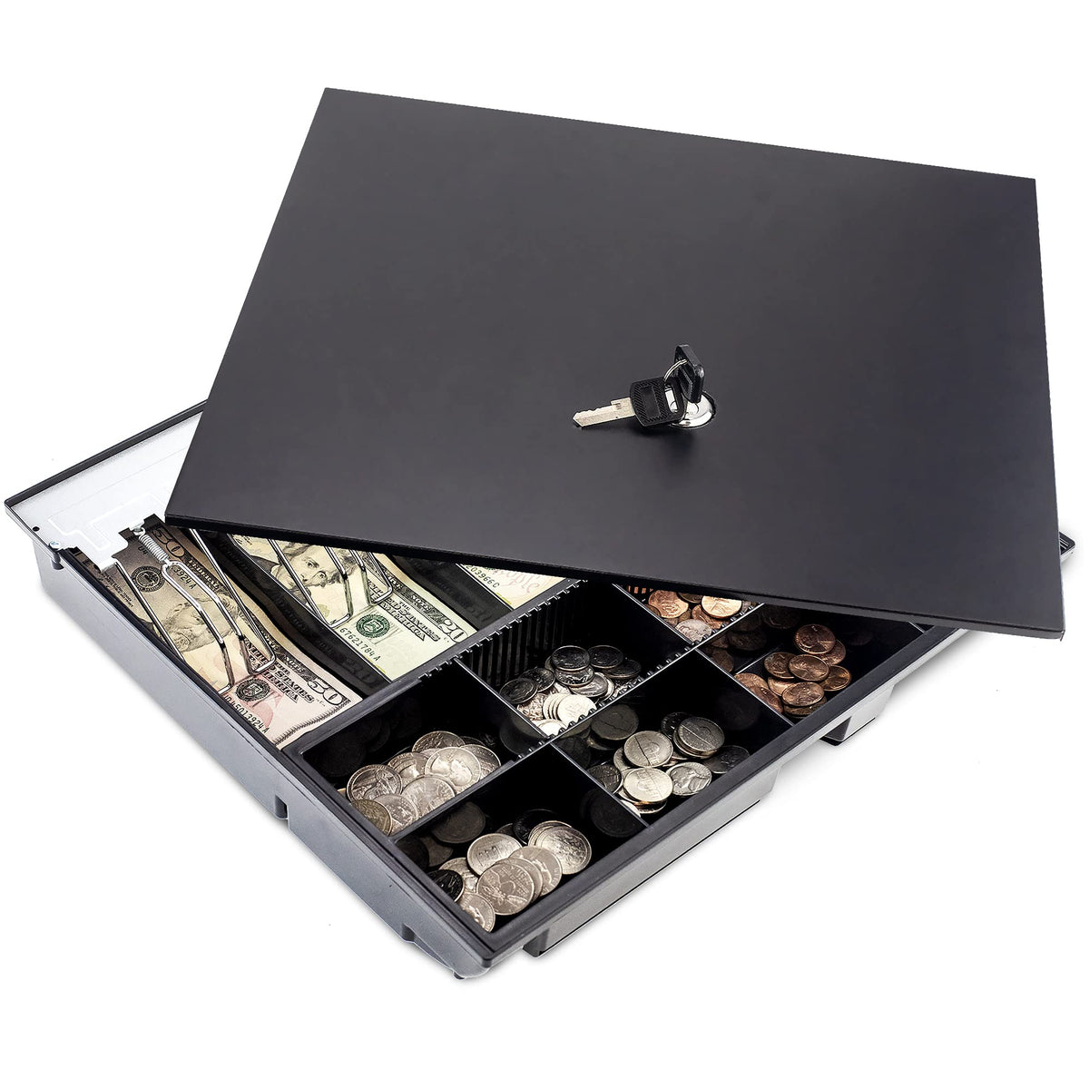 Volcora Cash Drawer Tray with Locking Cover - 14.1 x 13 x 2.5 Inch Metal Cash Lock Box with Lid - 5