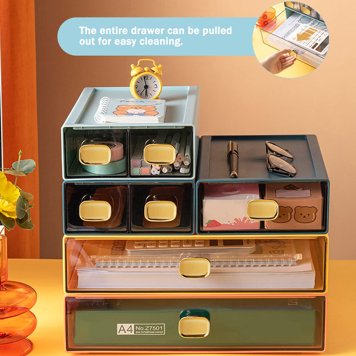 DETEIN 2 PACK Stackable Desk Organizer with Drawer Desktop Storage Drawer Box Plastic Desk