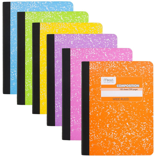 Mead Composition Notebook, Wide Ruled 7.5" x 9.75" Paper, 100 Sheets, Assorted Colors, 6 Pack