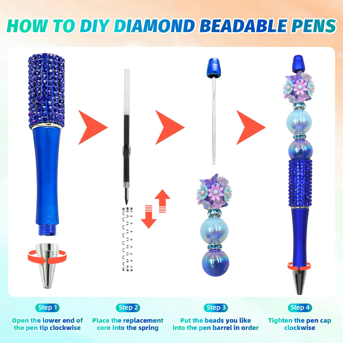 DASTTUIS 150 Pcs DIY Diamond Beadable Pen Kit - 50 Plastic Rhinestone Beaded Pens Bulk with Refills