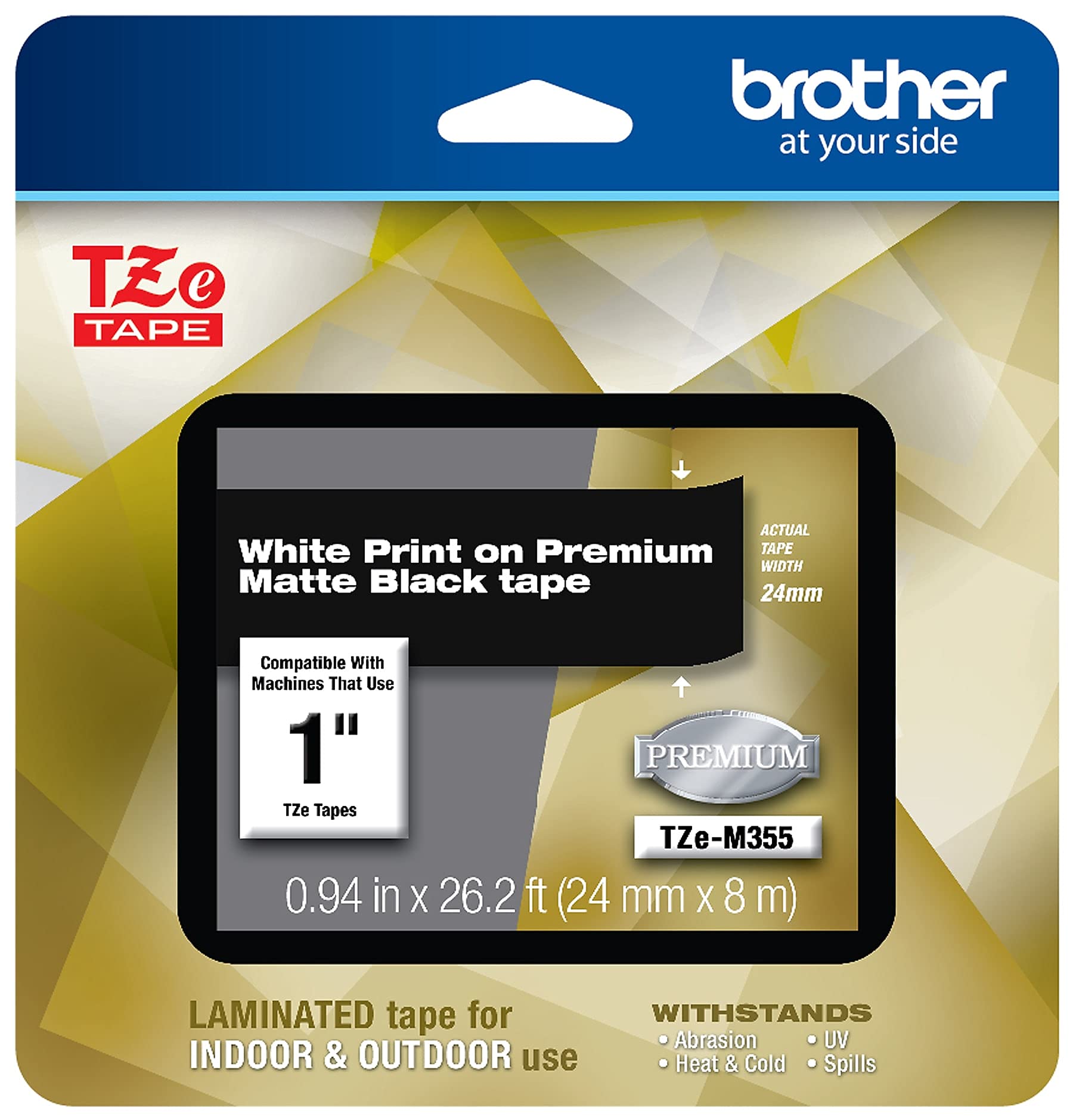 Brother P-Touch TZe-M355 White Print on Premium Matte Black Laminated Tape 24mm (0.94”) Wide x 8m