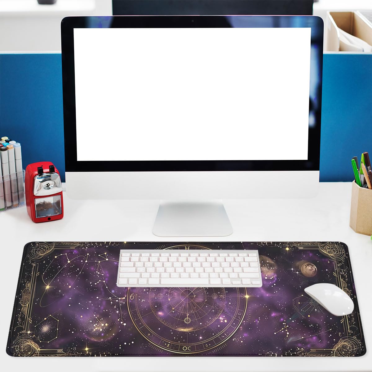 Purple Star Moon Card Desk Pad Mouse Pad Mysterious Galaxy Large Gaming Mouse Mat with Stitched