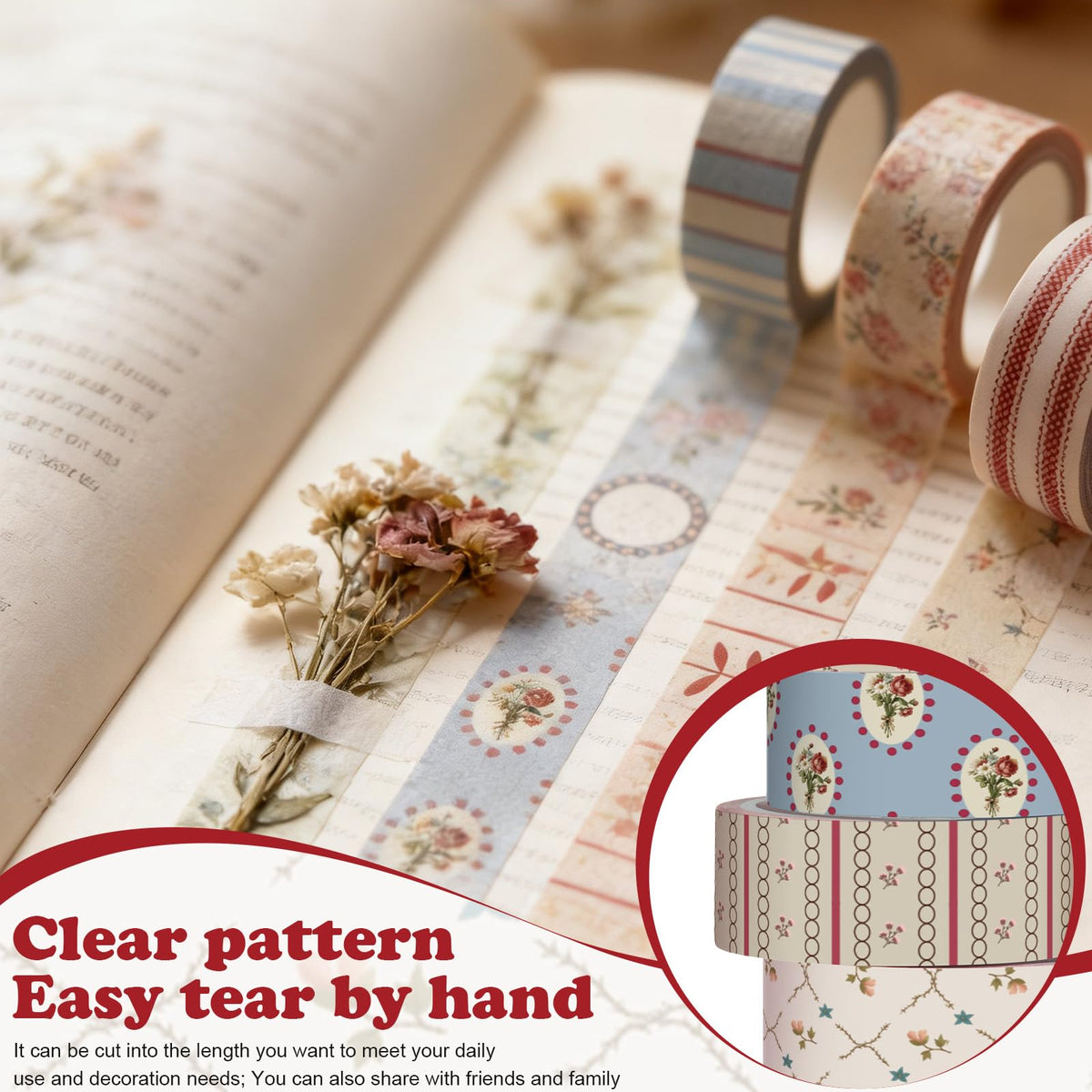 YooNotee 12 Rolls Floral Washi Tape Set,Retro,Mixed Pattern