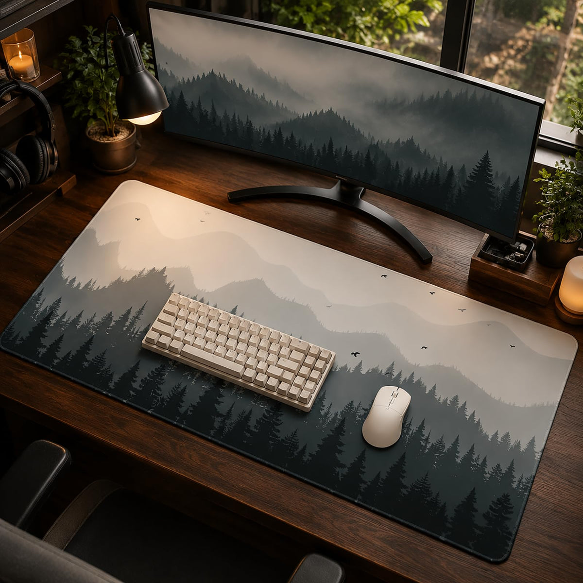 XXL Gaming Mouse Pad 35x17 Inch, Misty Forest Landscape Desk Mat Extended