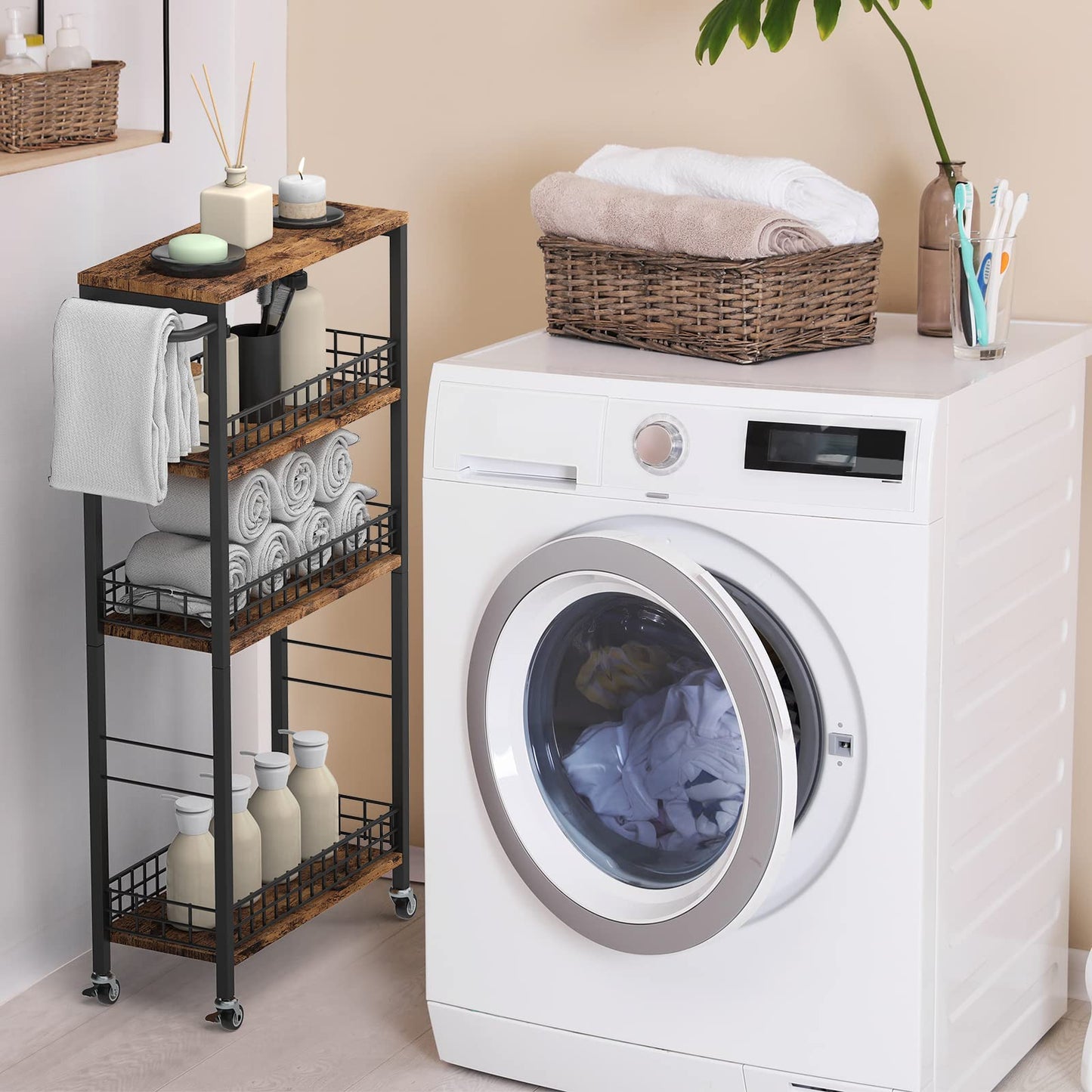 NOVIMANGO Slim Storage Cart Narrow Laundry Cart 4 Tier, Black