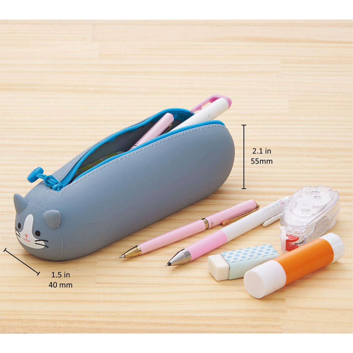 LIHIT LAB PuniLabo Zipper Pen Case/Pouch, Horizontal, 2.5" x 7.9", Gray Cat (A7781-4)