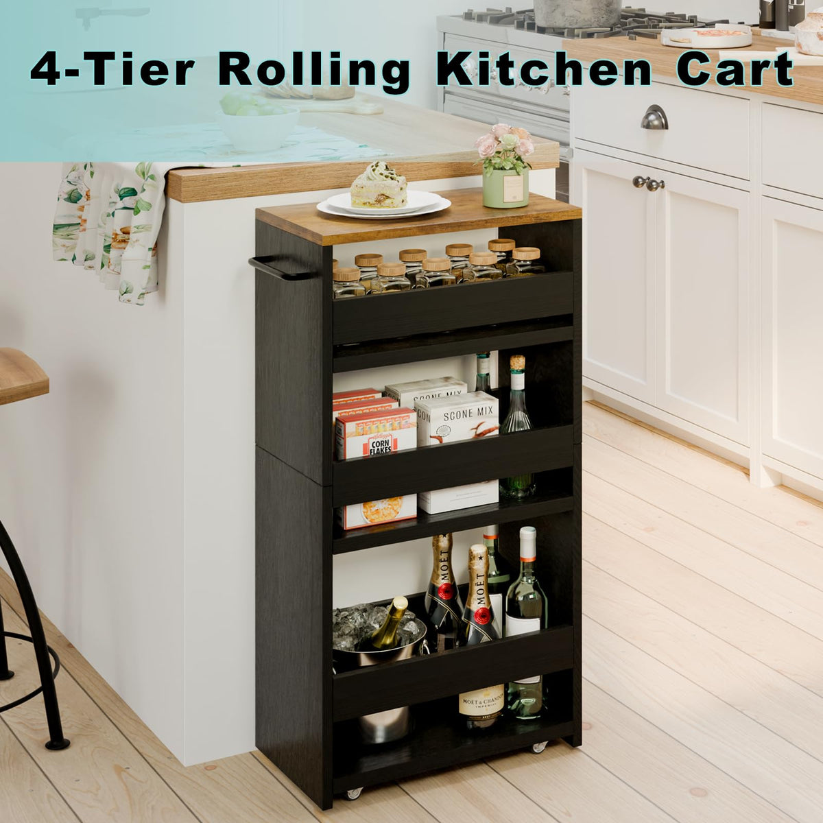 MARTY Slim Rolling Storage Cart 7.9" W Laundry Cart with Wheels,Brown+Black