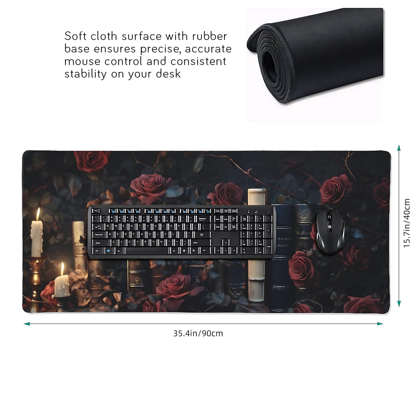 Aesthetic Book Gaming Mouse Pad, Black Red Dark Romanticism Desk Mat with Anti-Slip Base & Stitched