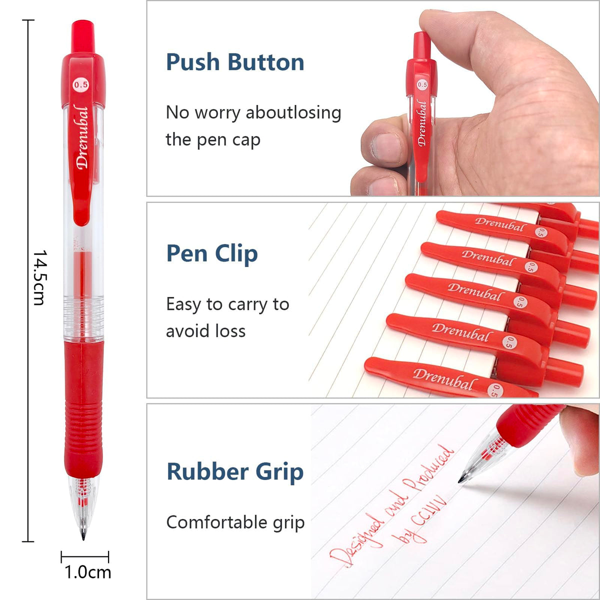 Drenubal Red Ballpoint Pens with Rubber Grip，Fine(0.5mm) Point Retractable-Set of 48 Writing Pens