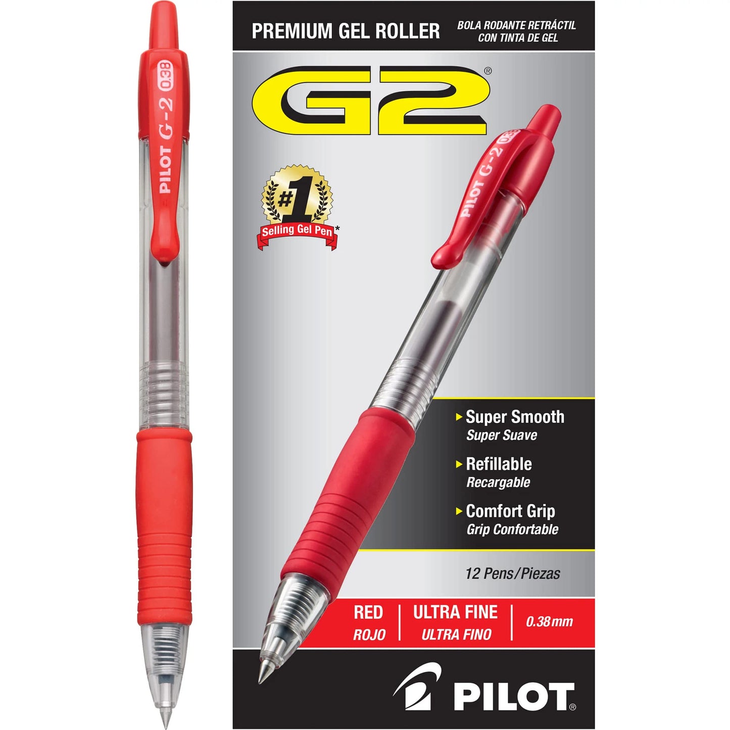 PILOT G2 Gel Roller Pens, Ultra Fine Point 0.38 mm, Red Pens, Pack of 12