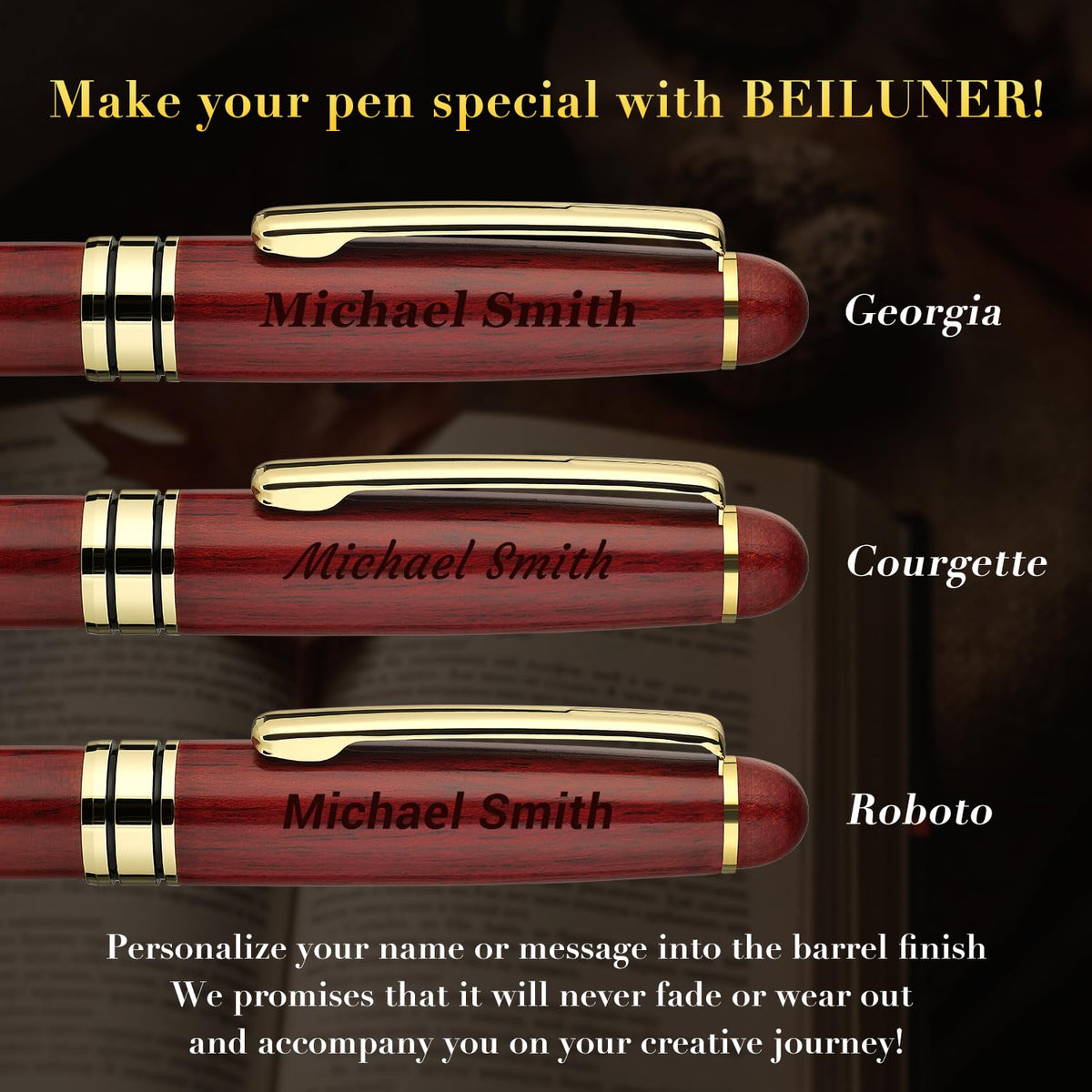 BEILUNER Personalized Wood Rollerball Pen Set,Rosewood with Gold Finish