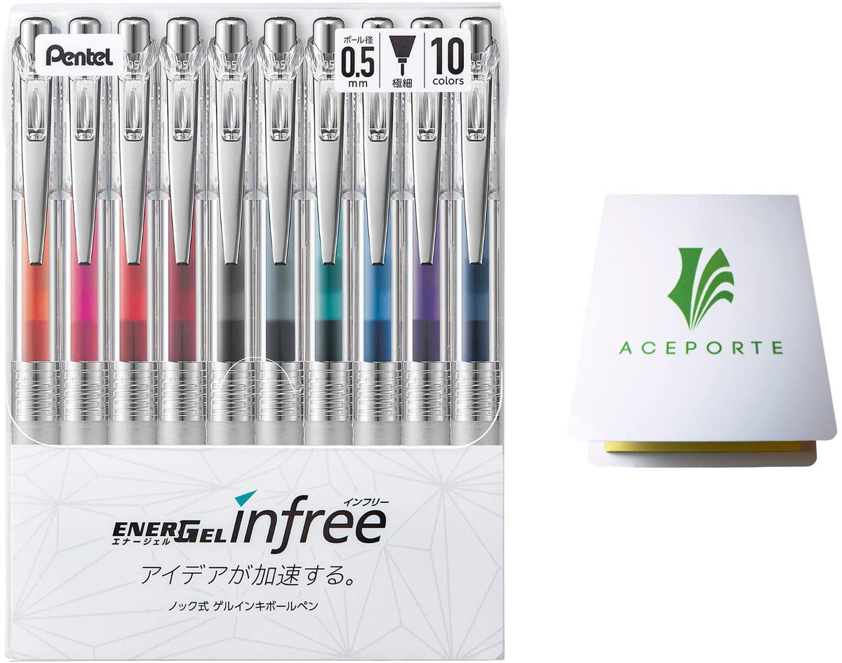 ENERGEL Pentel Infree Gel Ink Ballpoint Pen 0.5mm, Needle Tip 10 colors set with Sticky Notes