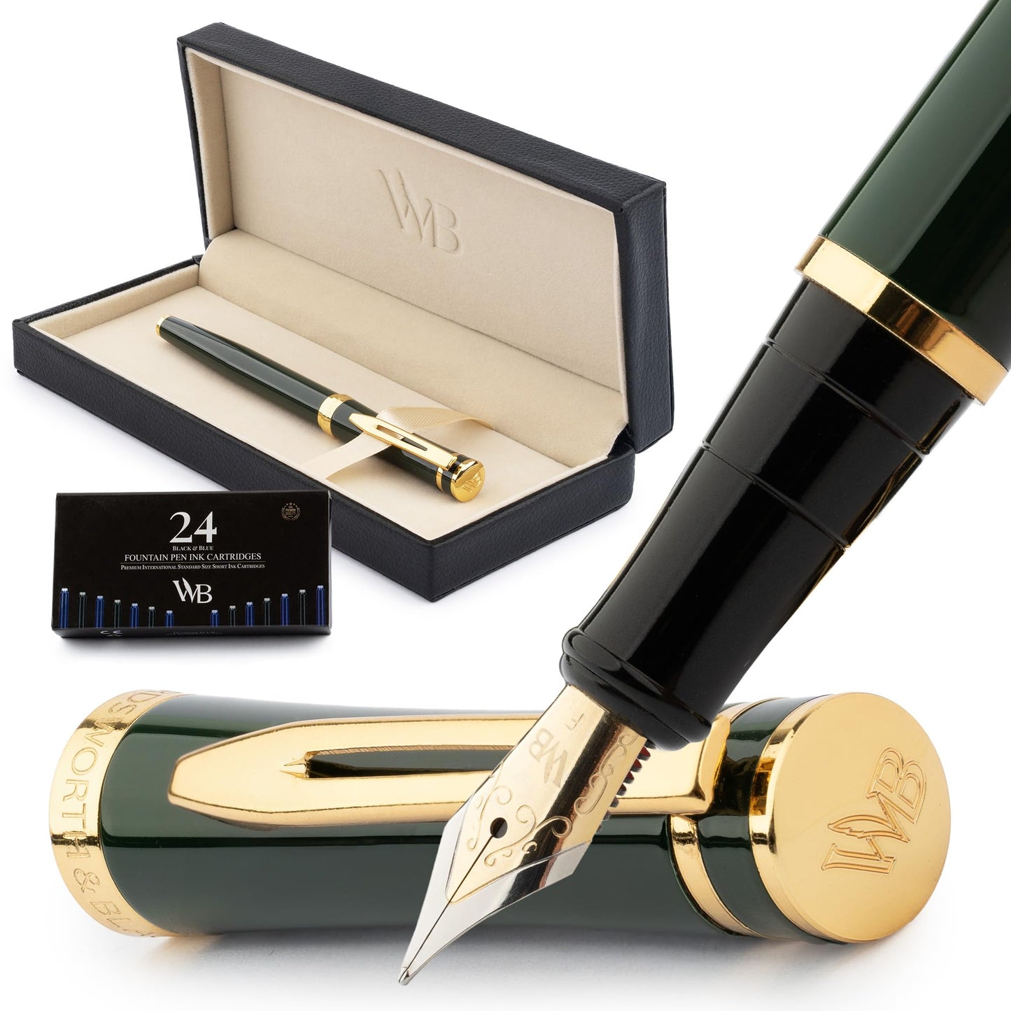 Wordsworth & Black Luxury Fountain Pen Set for Writing, Fine Nib, Green