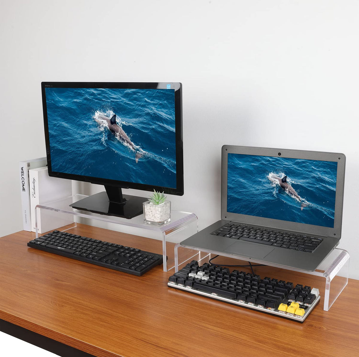 VAOLLO 2 Pack Computer Monitor Riser with keyboard cover Anti-Cat, Dual Monitor Stand Riser