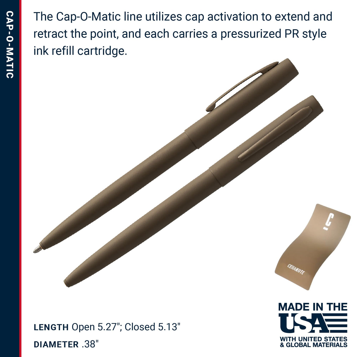 Fisher Space Pen Flat Dark Earth Cerakote Finish Cap-O-Matic Pen, Black Ink