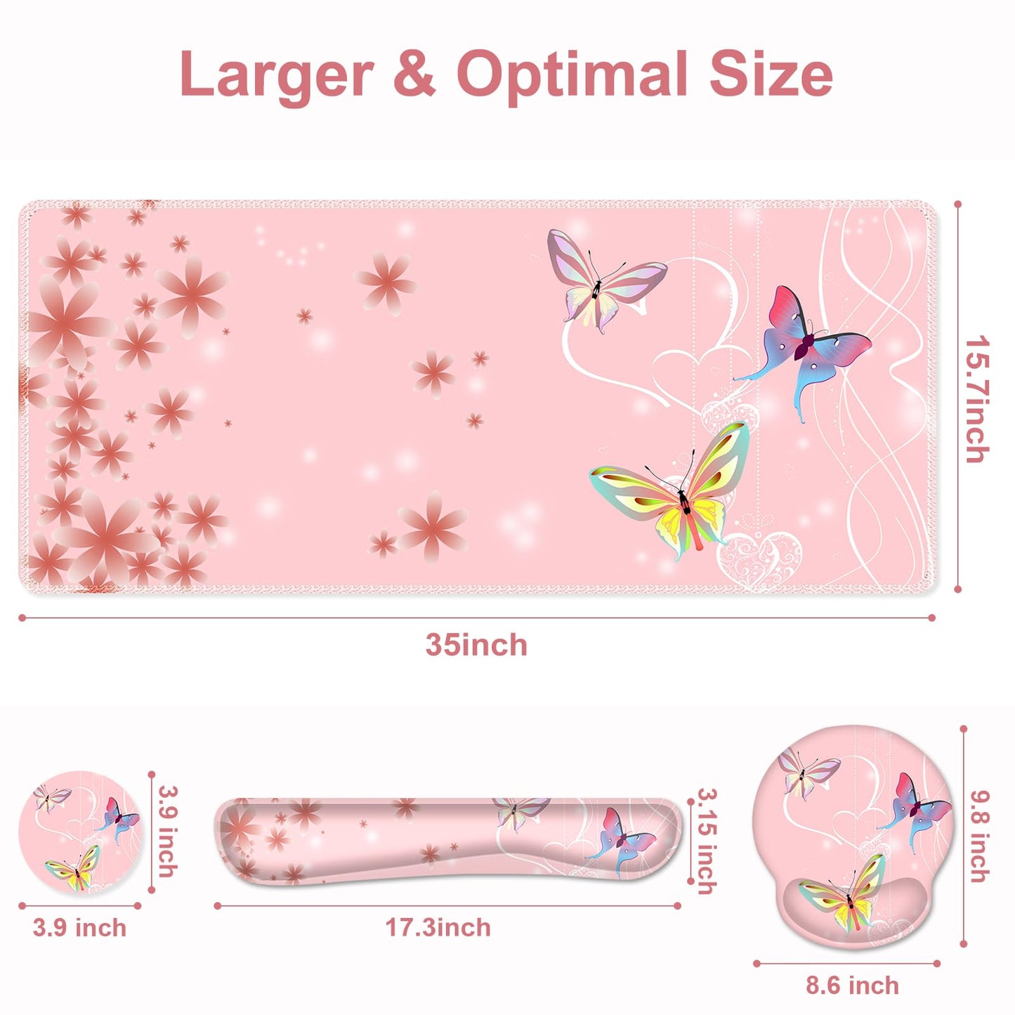 Peach Pink Butterflies Florals Mouse Pad, XXL Large Desk Mat Extended Reading Desk pad, 4 PCS