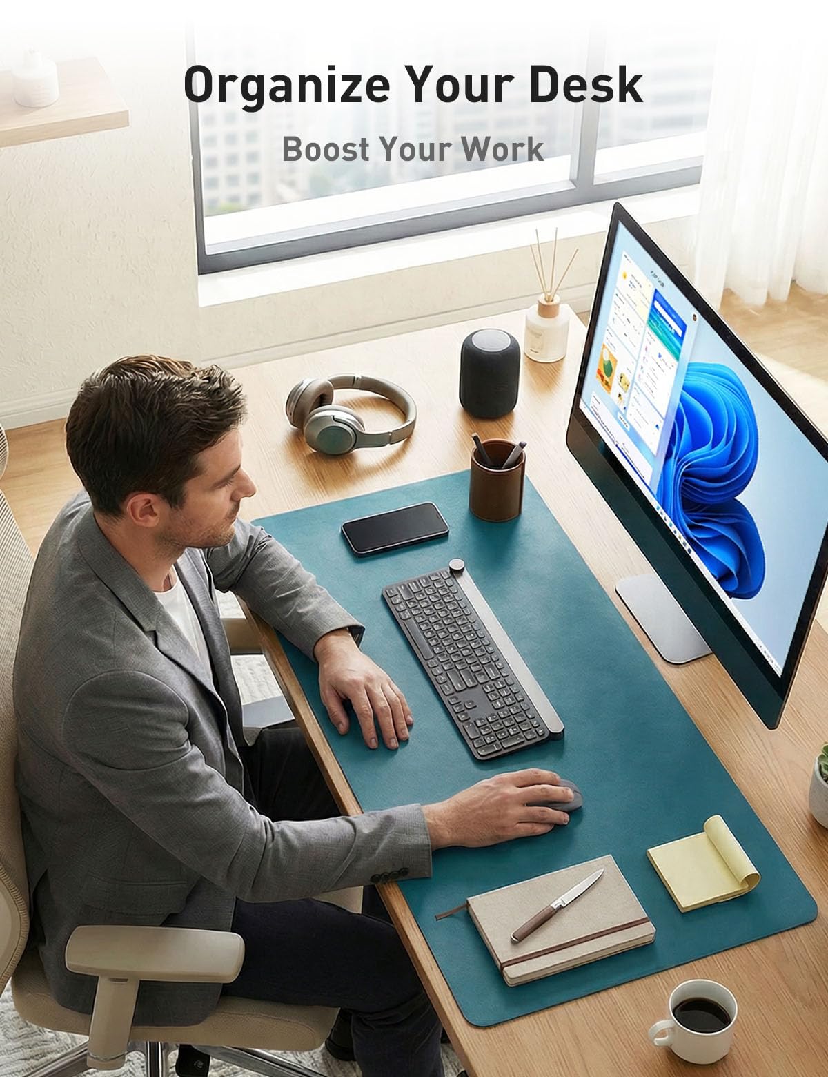 Aothia Faux Leather Desk Mat - Non-Slip PU Leather Desk Blotter, Waterproof Writing Surface, Large