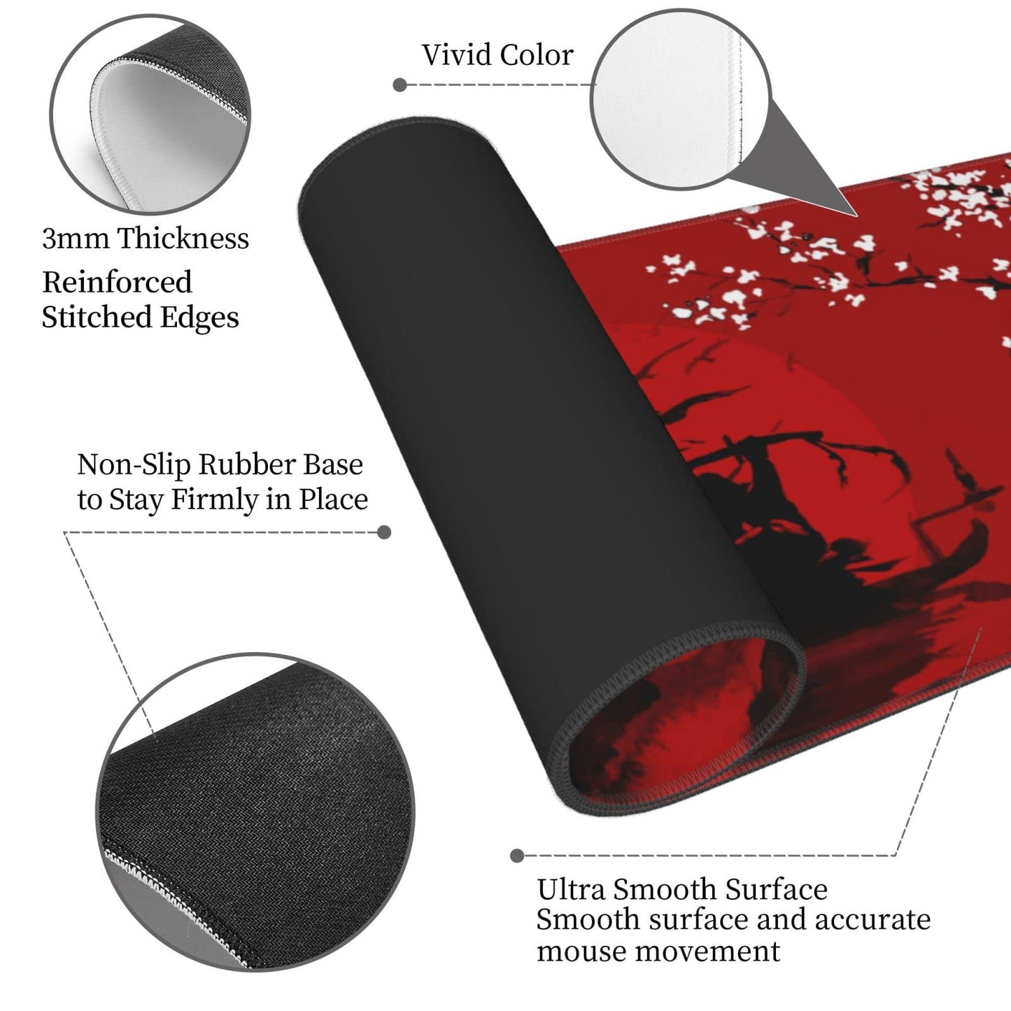 Japanese Cherry Blossom Samurai Black Red XXL XL Large Gaming Mouse Pad for Desk, Non-Slip Long