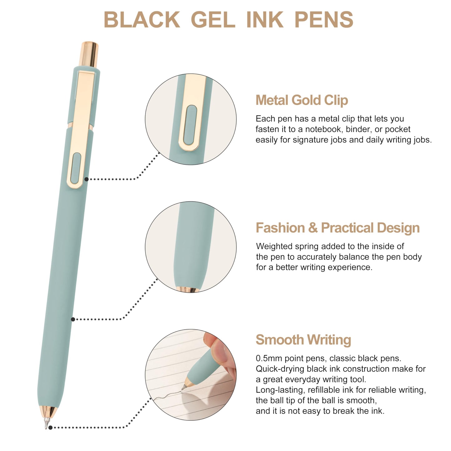 Linbsunne Gel Pens Black Ink for Office 0.5mm Fine Point Pen, 18 pcs