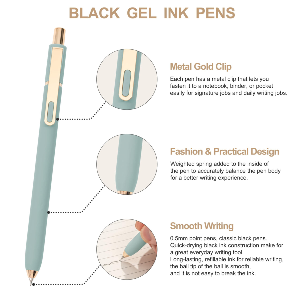 Linbsunne Gel Pens Black Ink for Office 0.5mm Fine Point Pen, 18 pcs