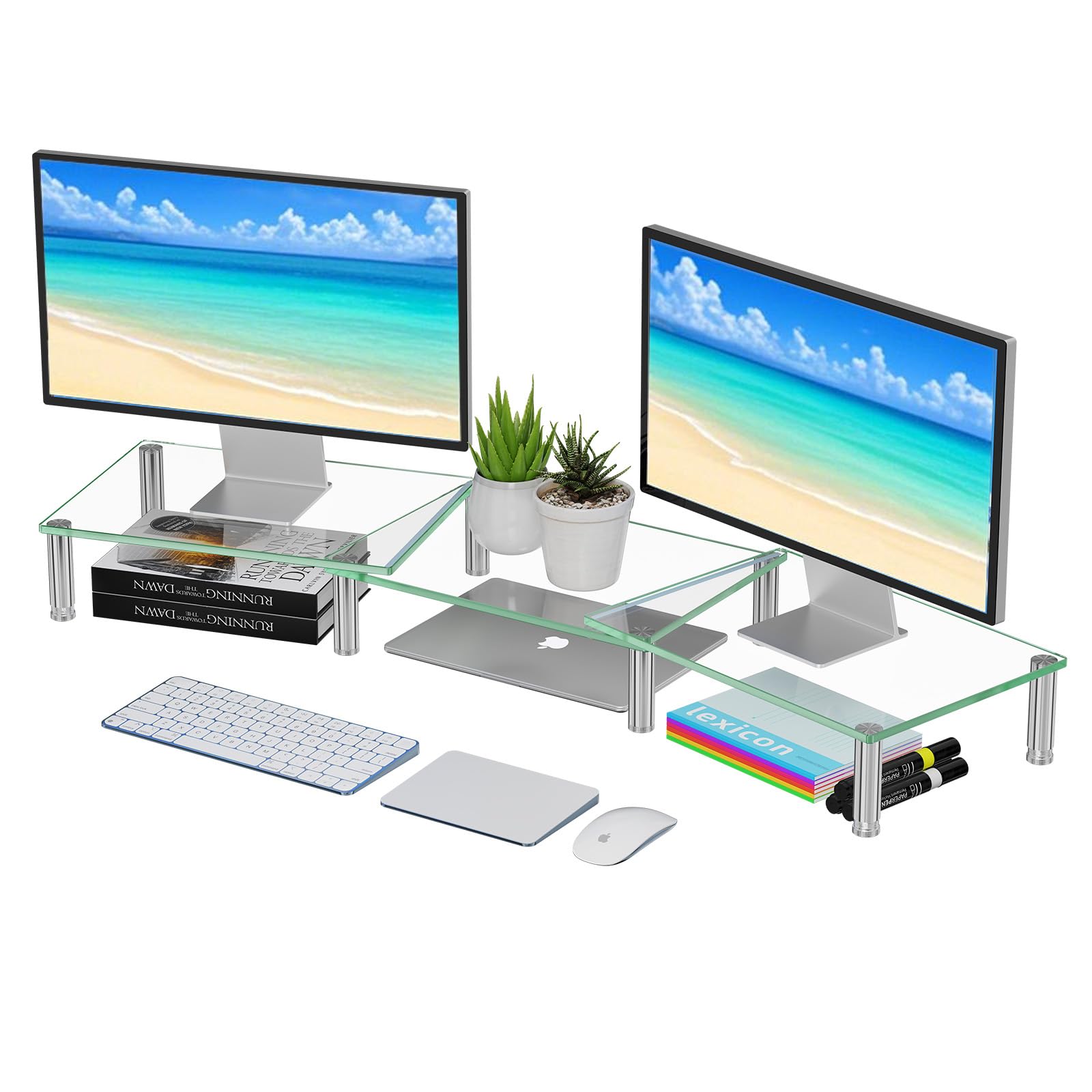 Simple Trending Glass Dual Monitor Stand, Adjustable Length/Height, Clear