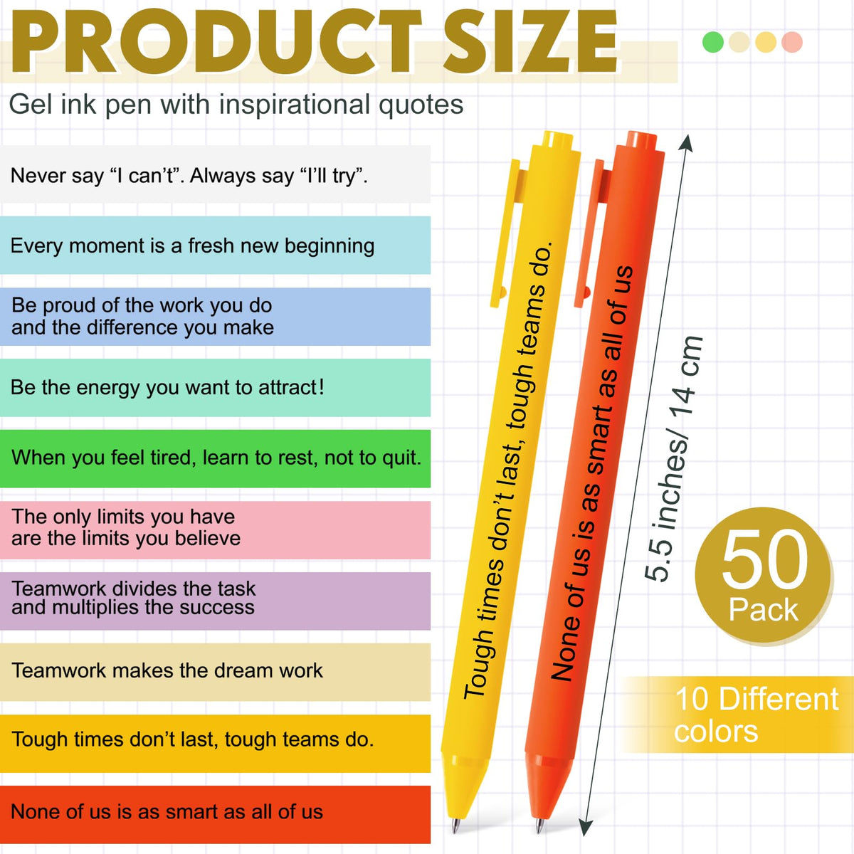 Crtiin 50 Pcs Inspirational Pens Bulk Delicate Colors, Team Motivation