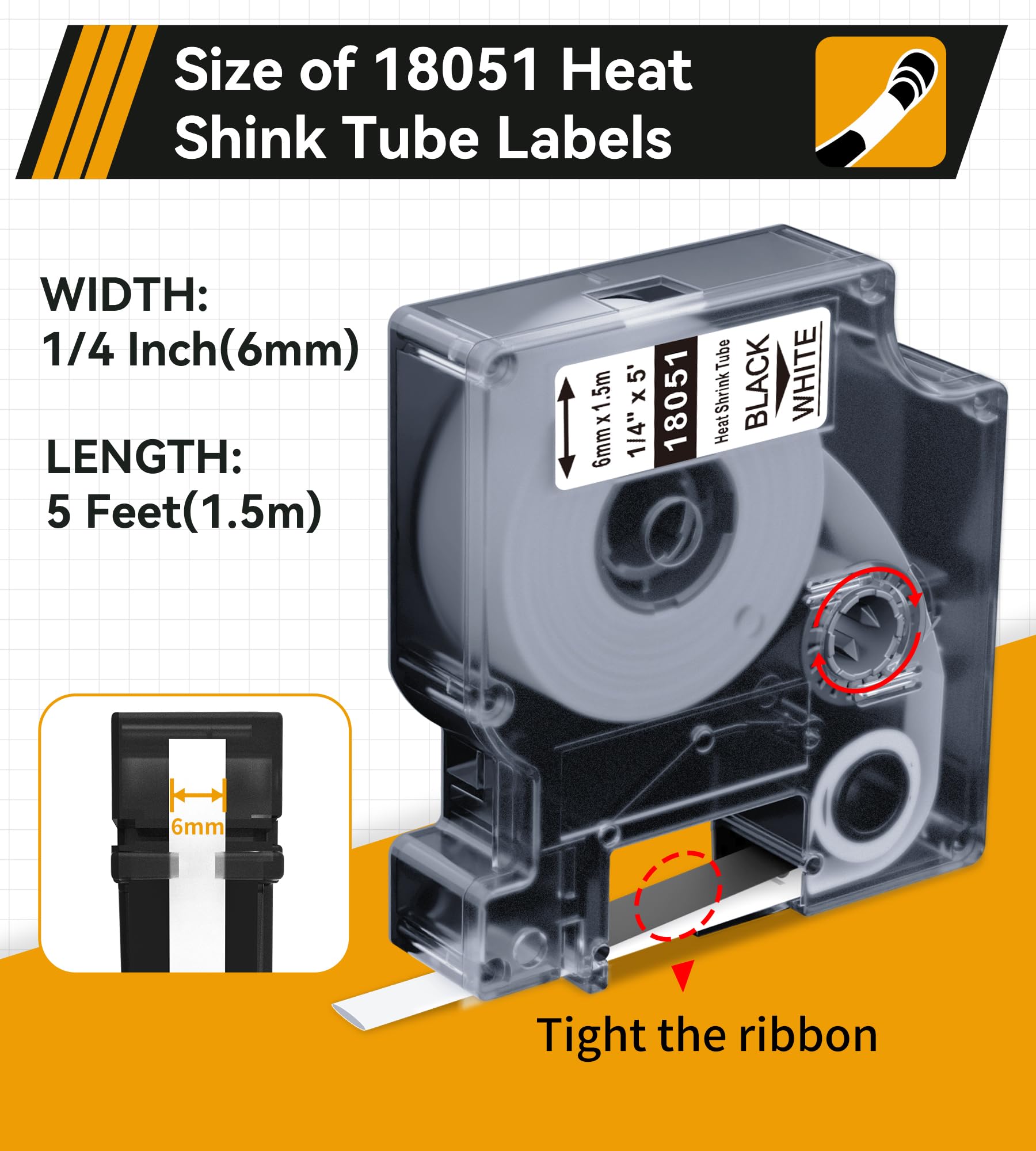 Rhino 4200 Heat Shrink Tube Tape 1/4" 6mm Black on White