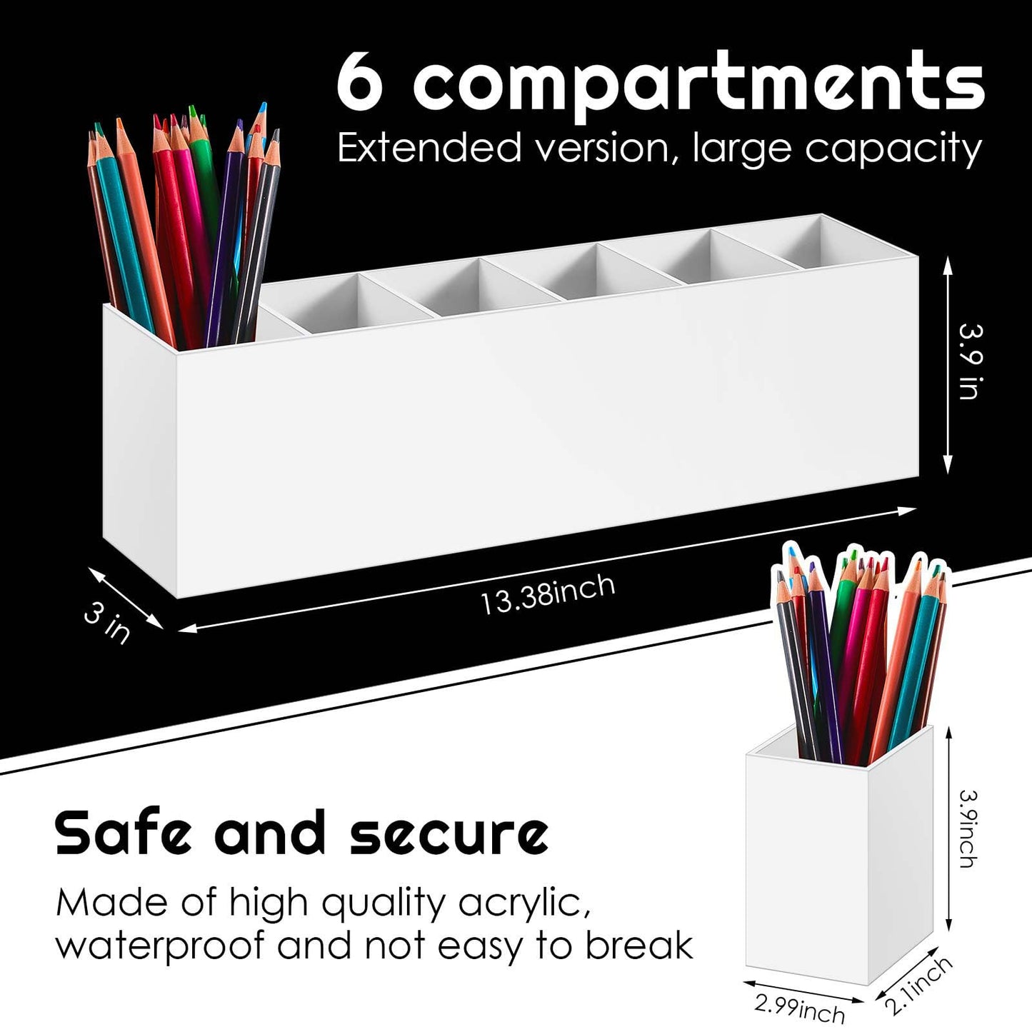 Jetec 6 Compartments Acrylic Pen Holder, Pencil Makeup Brush Holder, White