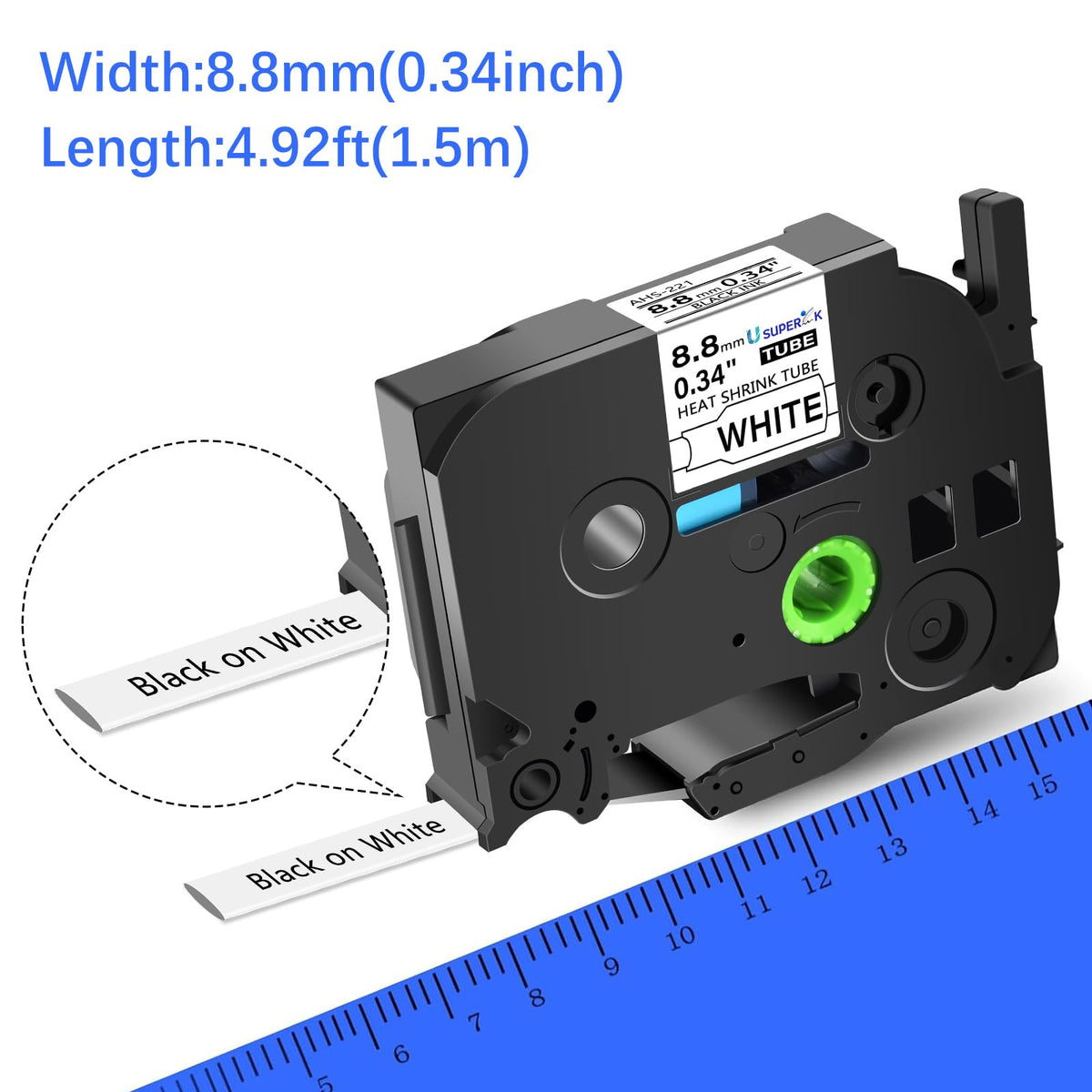 USUPERINK 2 Pack Compatible for Brother Ptouch HSe-221 HSe221 HS-221 HS221 8.8mm Black on White