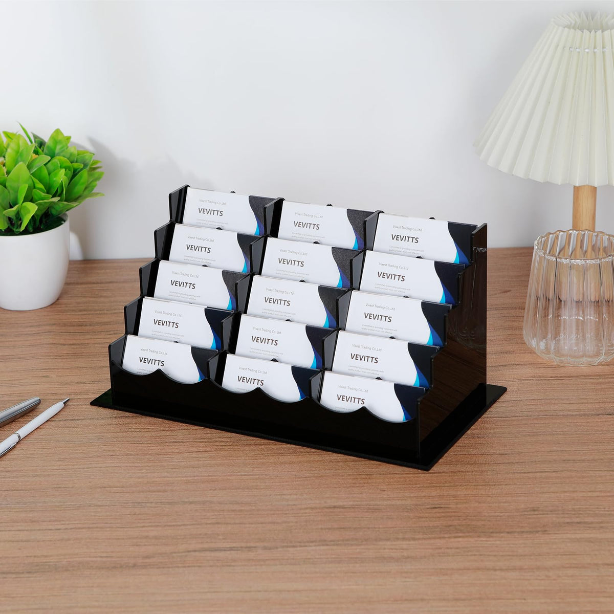 Vevitts Business Acrylic Card Holder Display for Desk, 15 Slots 5 Tiers Multiple-Black Acrylic