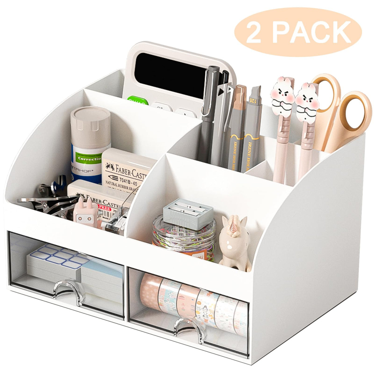 COMFYROOM Desk Organizer with 6 Compartments and 2 Drawers, Plastic Makeup Organizer, Pen Holder