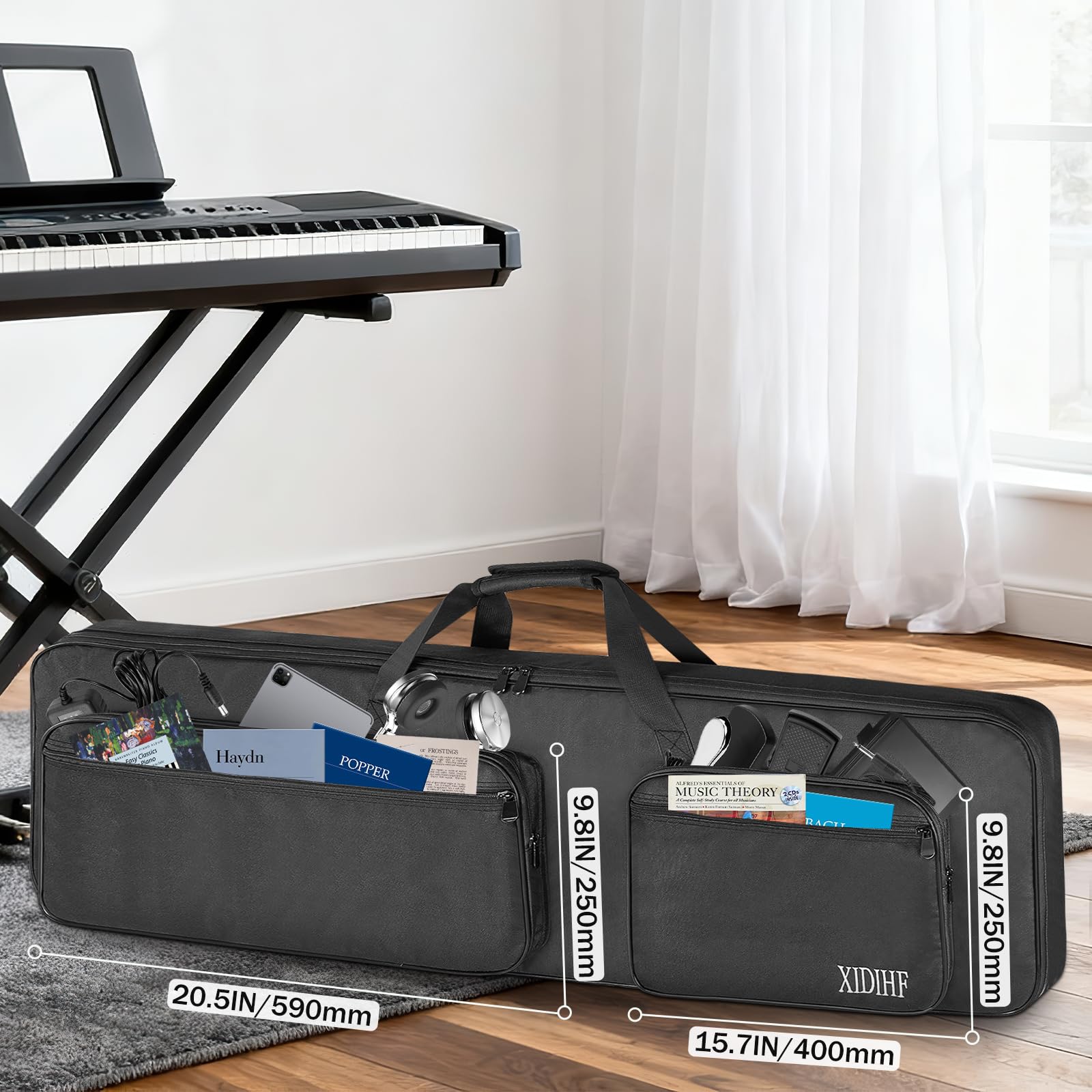 XIDIHF Slim 88-Key Keyboard Gig Bag 10mm Padded Full Protection with Adjustable Straps, 4 Pockets
