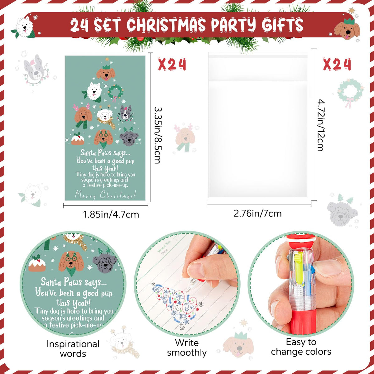 Sayglossy 24 Sets Christmas Dog Pens Bulk with Cards, 4-in-1 Multicolor Retractable Ballpoint Pens
